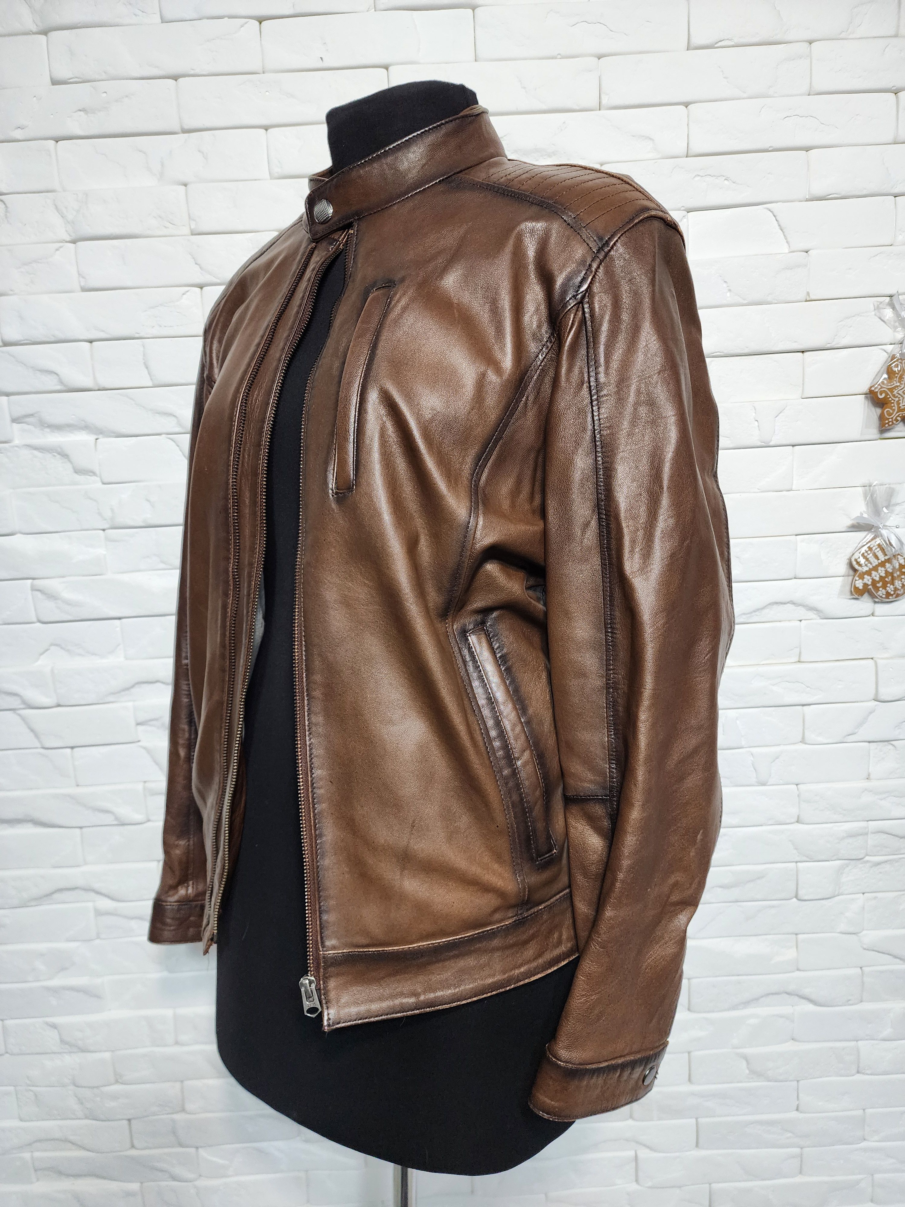 Other Men's Brown Genuine Leather Jacket: Zip Front. Size US S / EU 44-46 / 1 - 2 Thumbnail