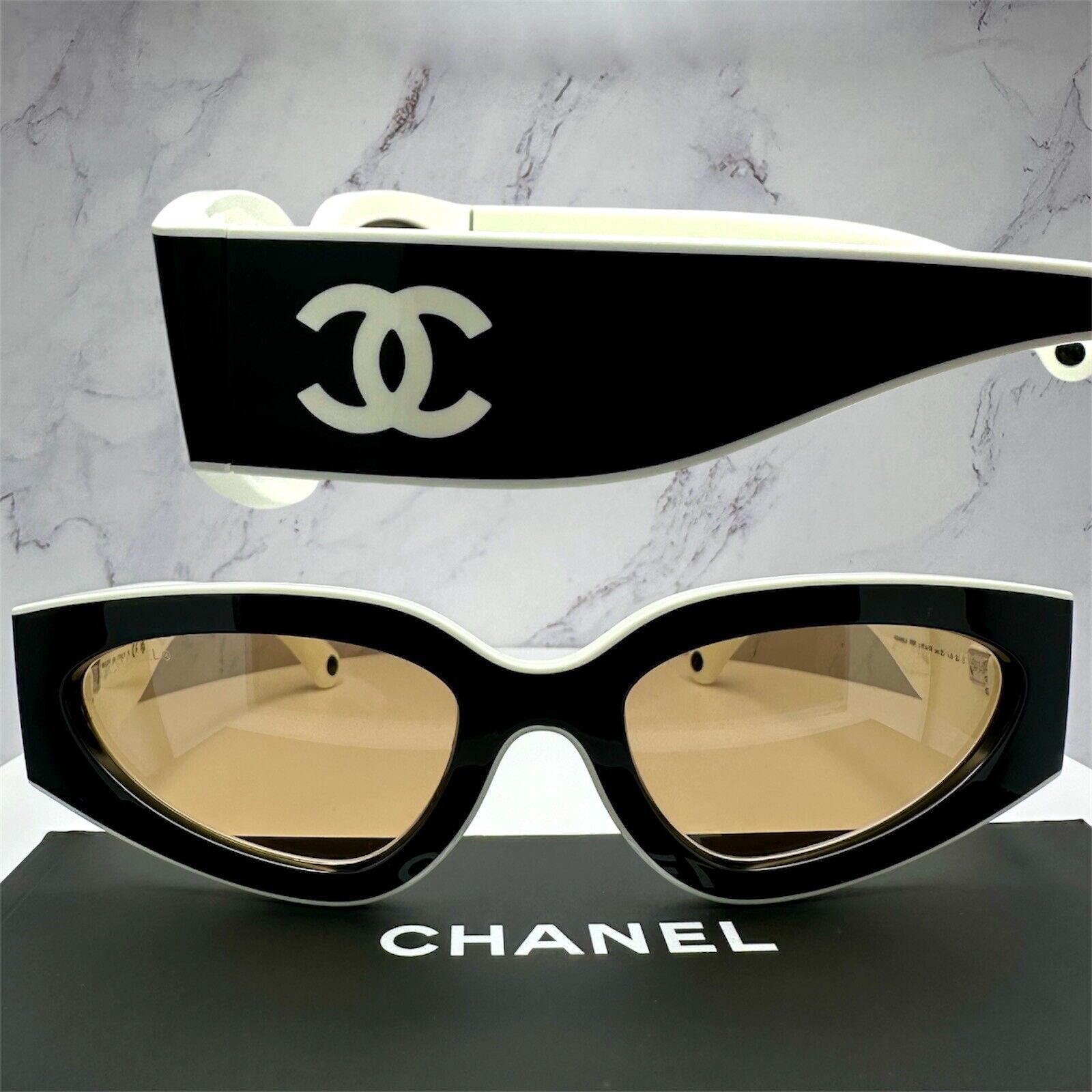 New CHANEL Black White Cat Eye Sunglasses CC Logo Authentic