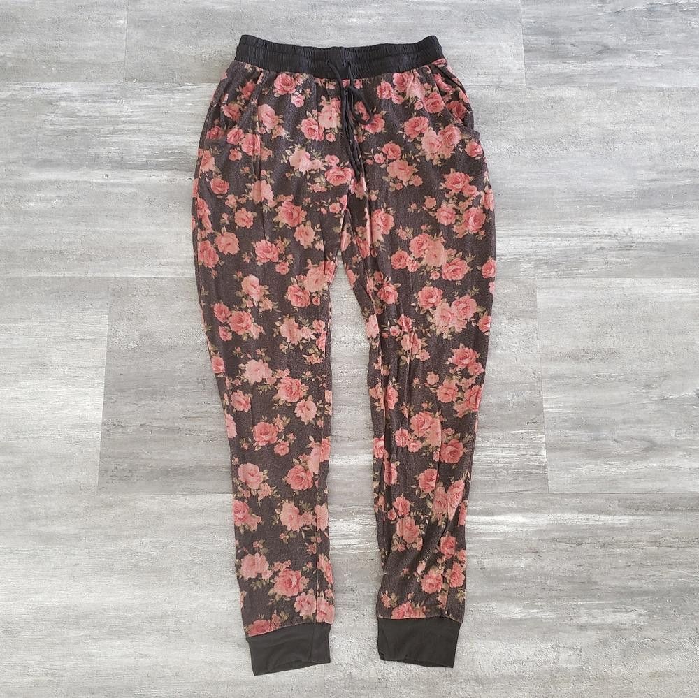 Designer Black Pink Floral High Waisted Banded Sweats Size 28" / US 6 / IT 42 - 1 Thumbnail