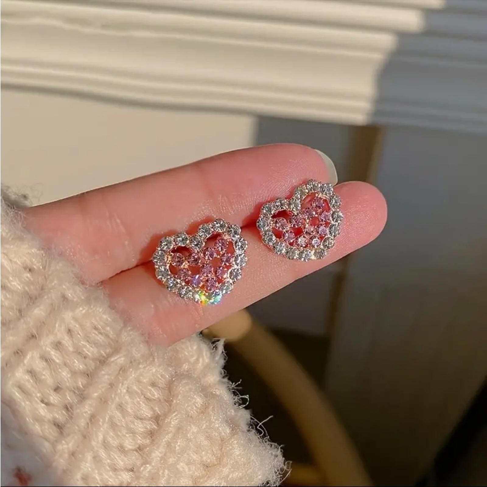 Designer Heart-Shaped Pink Crystal Stud Earrings Size ONE SIZE - 1 Thumbnail