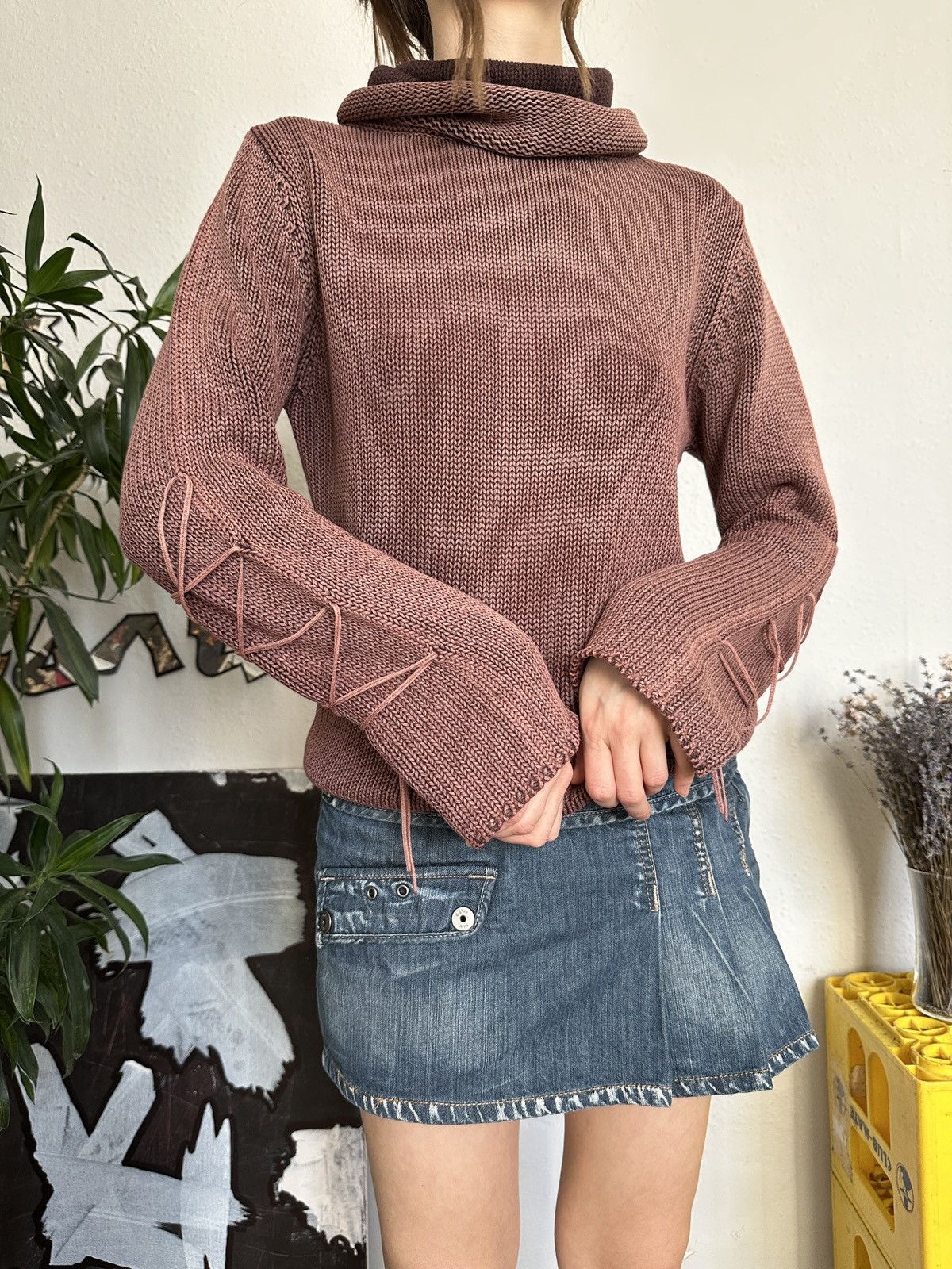 Seditionaries × Vintage Vintage Knit Washed Faded Lace Up Sleeve Turtleneck Sweater Size M / US 6-8 / IT 42-44 - 9 Thumbnail