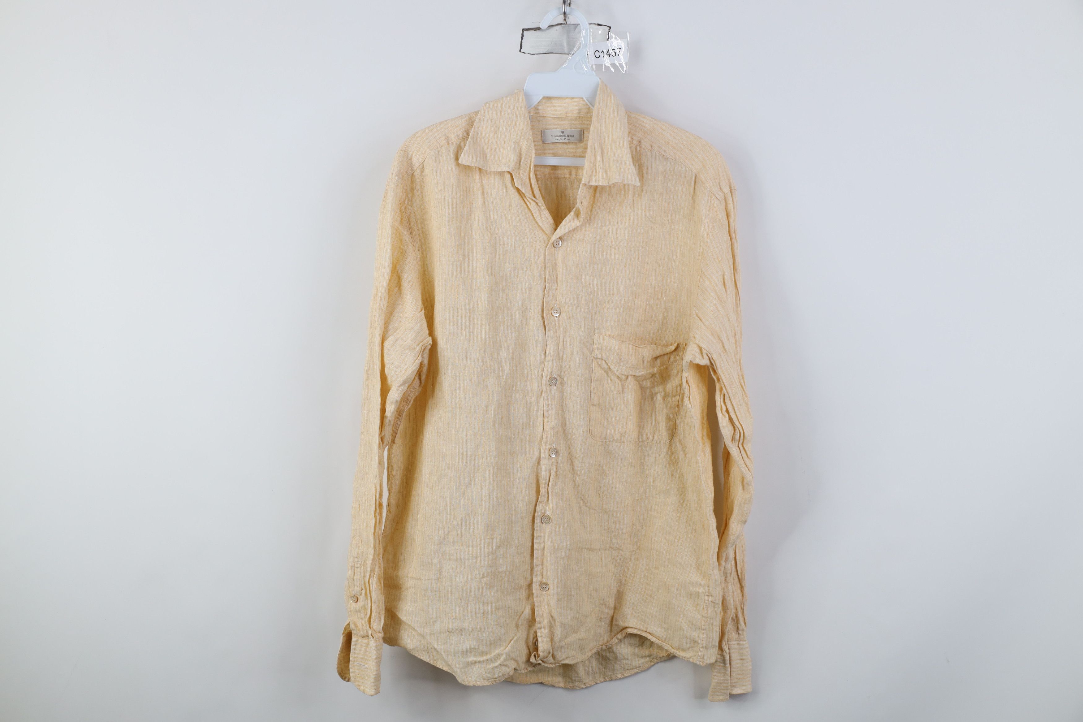 Ermenegildo Zegna Ermenegildo Zegna Linen Striped Collared Button Shirt Orange Size US M / EU 48-50 / 2 - 1 Thumbnail