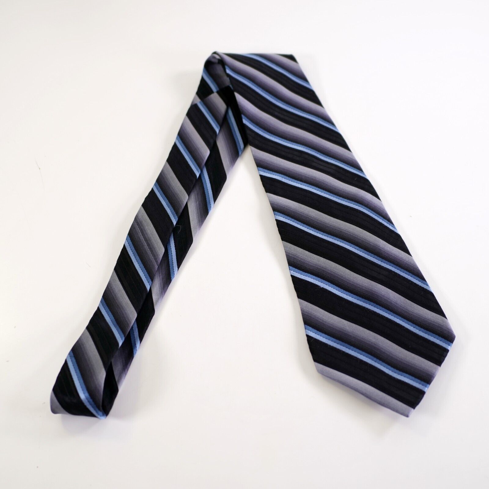 Designer Paul Dione Black Blue Gray Striped Woven Silk Tie Size ONE SIZE - 7 Thumbnail