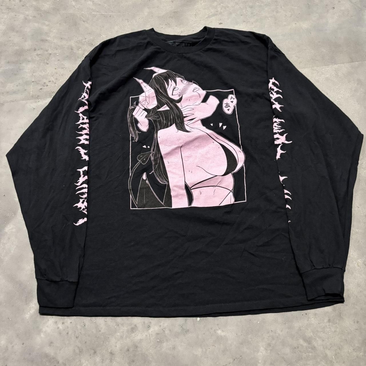 Japanese Brand × Vintage Crazy Vintage Y2K/2000s Obscure Anime Girl Streetwear Black & Pink Freaky Ahh Longsleeve Tee! Size US XL / EU 56 / 4 - 1 Thumbnail