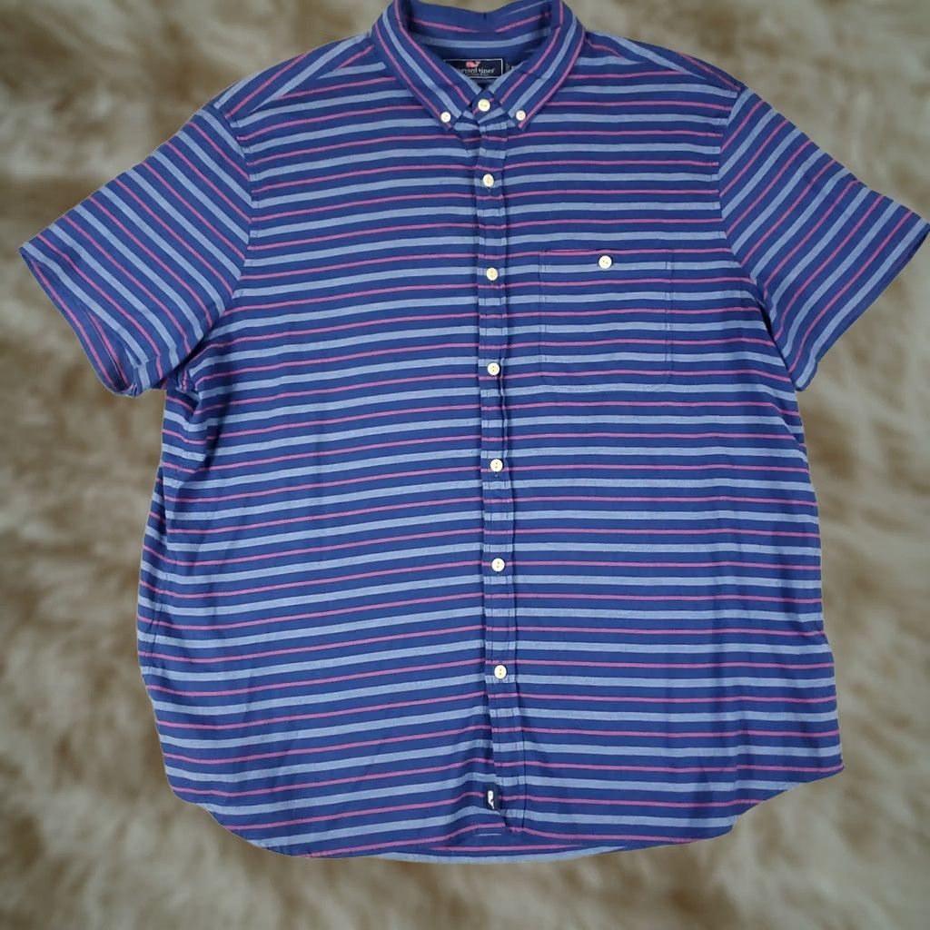 Vineyard Vines Vineyard Vines Shirt Mens XL Blue Striped Button-Up Short Sleeve, Cotton, Woven, Collar-Down, Classic, Preppy, 90s? Size US XL / EU 56 / 4 - 1 Thumbnail