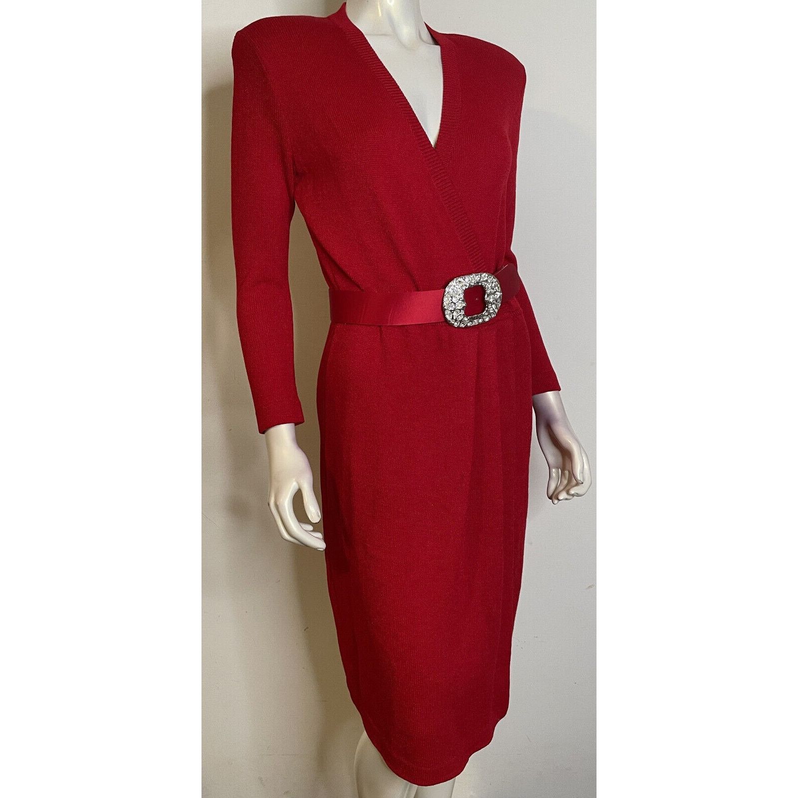 St. John VTG St John Bright Red Wrap V Neck Dress 4 Rhinestone Belt Size S / US 4 / IT 40 - 6 Thumbnail