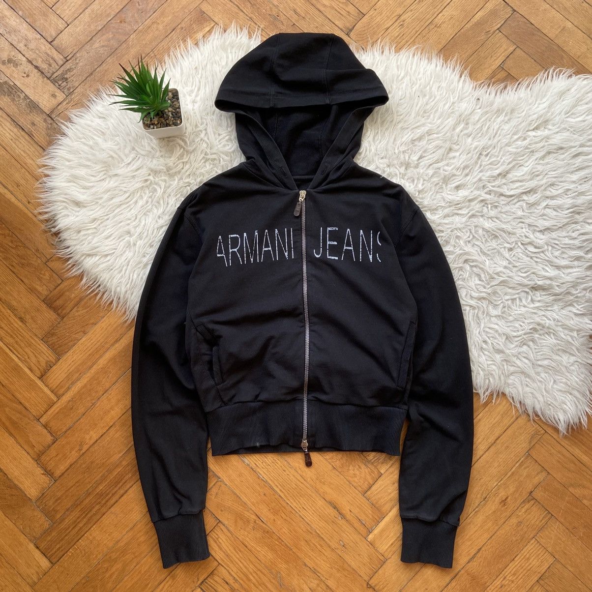 Armani 📌 Crazy Vintage Armani Jeans Crop Y2K Zip-Up Hoodie Size M / US 6-8 / IT 42-44 - 1 Thumbnail