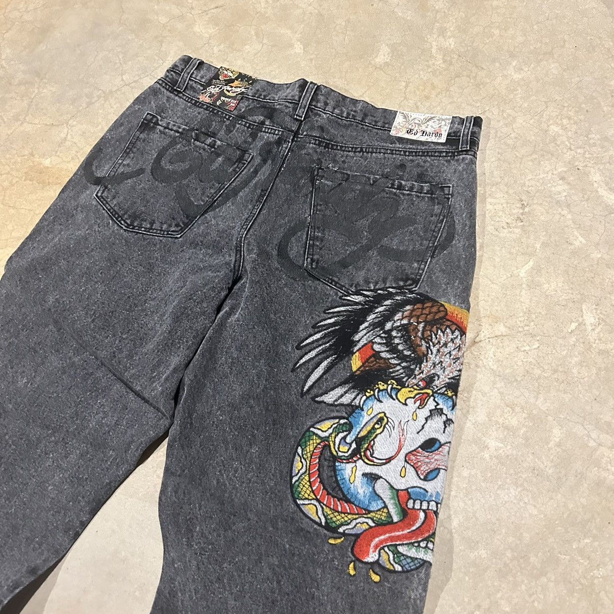 Ed Hardy × Vintage Crazy Vintage Y2K Ed Hardy Script Embroidered Baggy Jeans Size US 36 / EU 52 - 3 Thumbnail