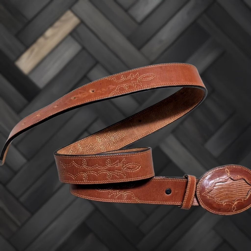 Vintage VINTAGE WESTERN belt LIZARD buckle USA made brown 38 leather COWBOY belt Men Buckle inlay Stitched 1-1/2" width Size 38 - 1 Thumbnail