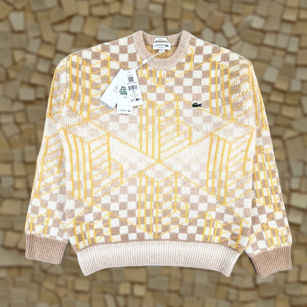 Lacoste Lacoste Jumper Beige Yellow XS Relaxed Fit Alpaca Wool Geometric Crew Neck Mens Pullover Classic Knit Size US XS / EU 42 / 0 - 1 Thumbnail