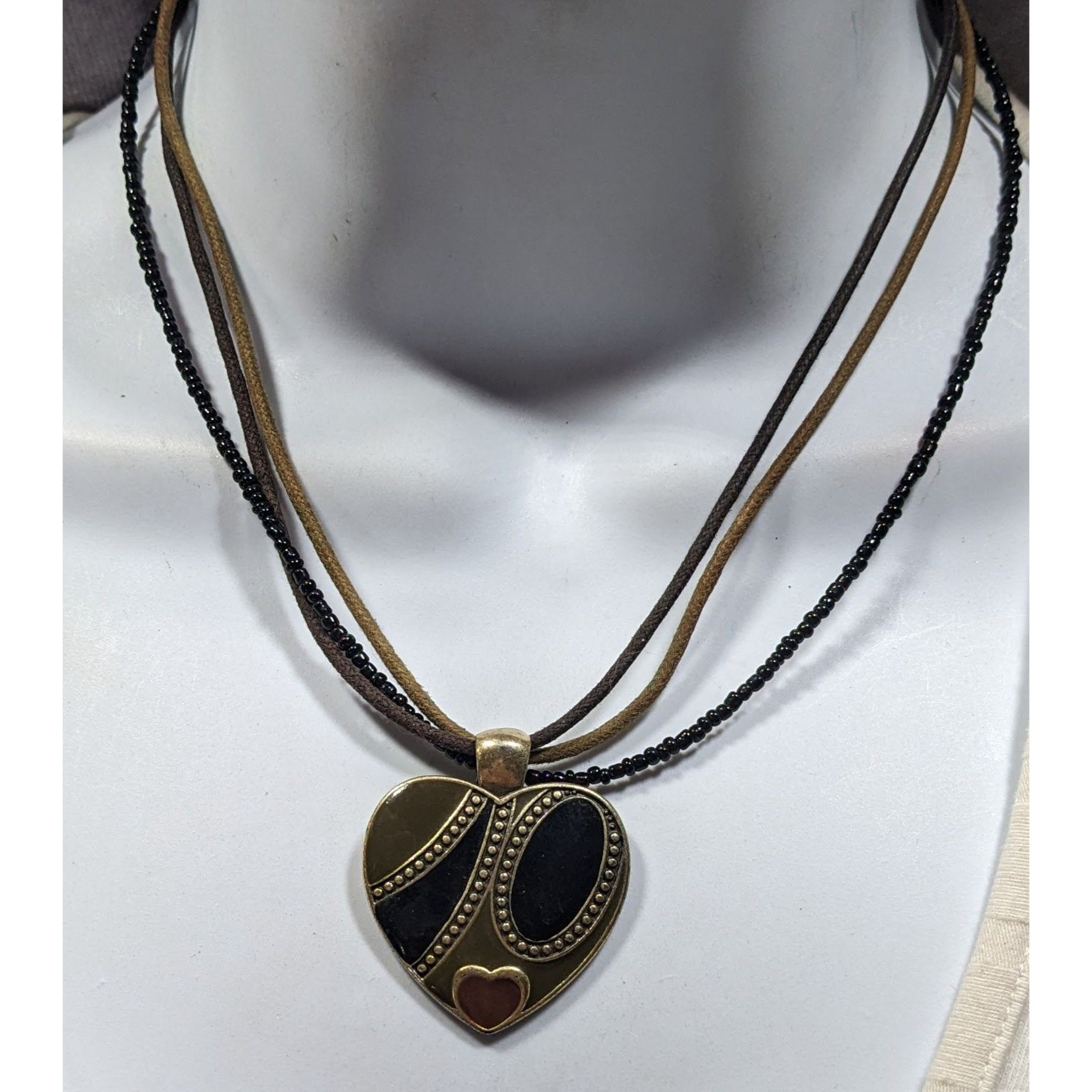 Other Retro Heart Pendant Necklace Brown Black And Gold Tones Size ONE SIZE - 2 Thumbnail