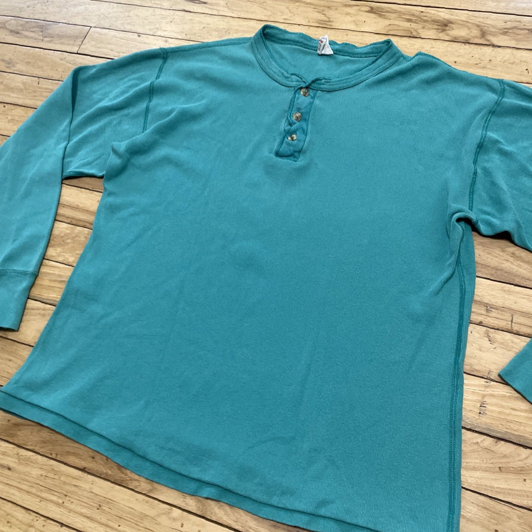 Sears VINTAGE Sears Henley Shirt Men L Aqua Teal Blue 70s Retro Western Knit 42" Chest Long Sleeve T-Shirt Mens Size US L / EU 52-54 / 3 - 3 Thumbnail