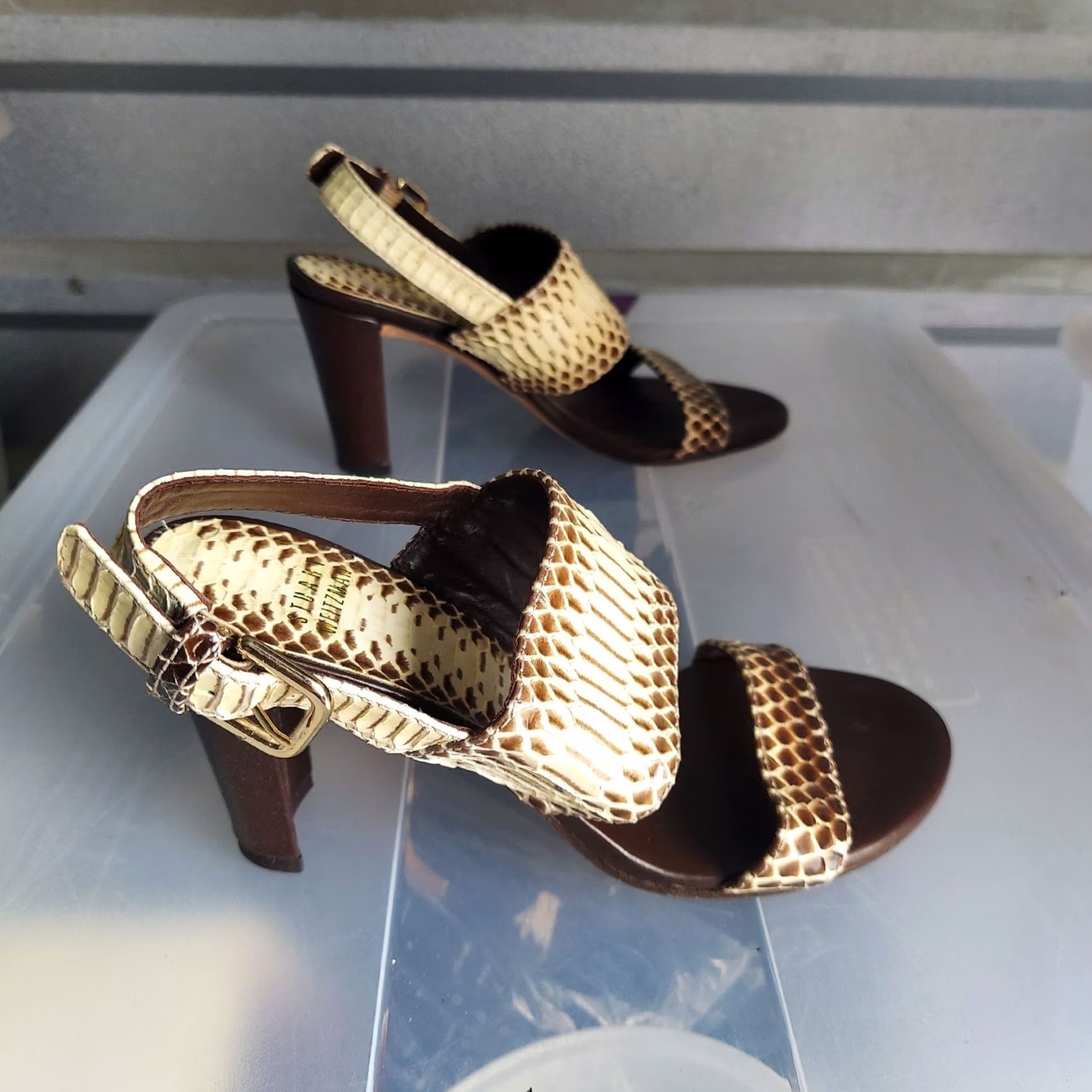 Stuart Weitzman Stuart Weitzman Snake Print Leather Chunky Heels Sandals Size 5.5 M Women Leather Slingback Beige Brown, Straps, High Heel, Vintage No Size US 6 / IT 36 - 5 Thumbnail