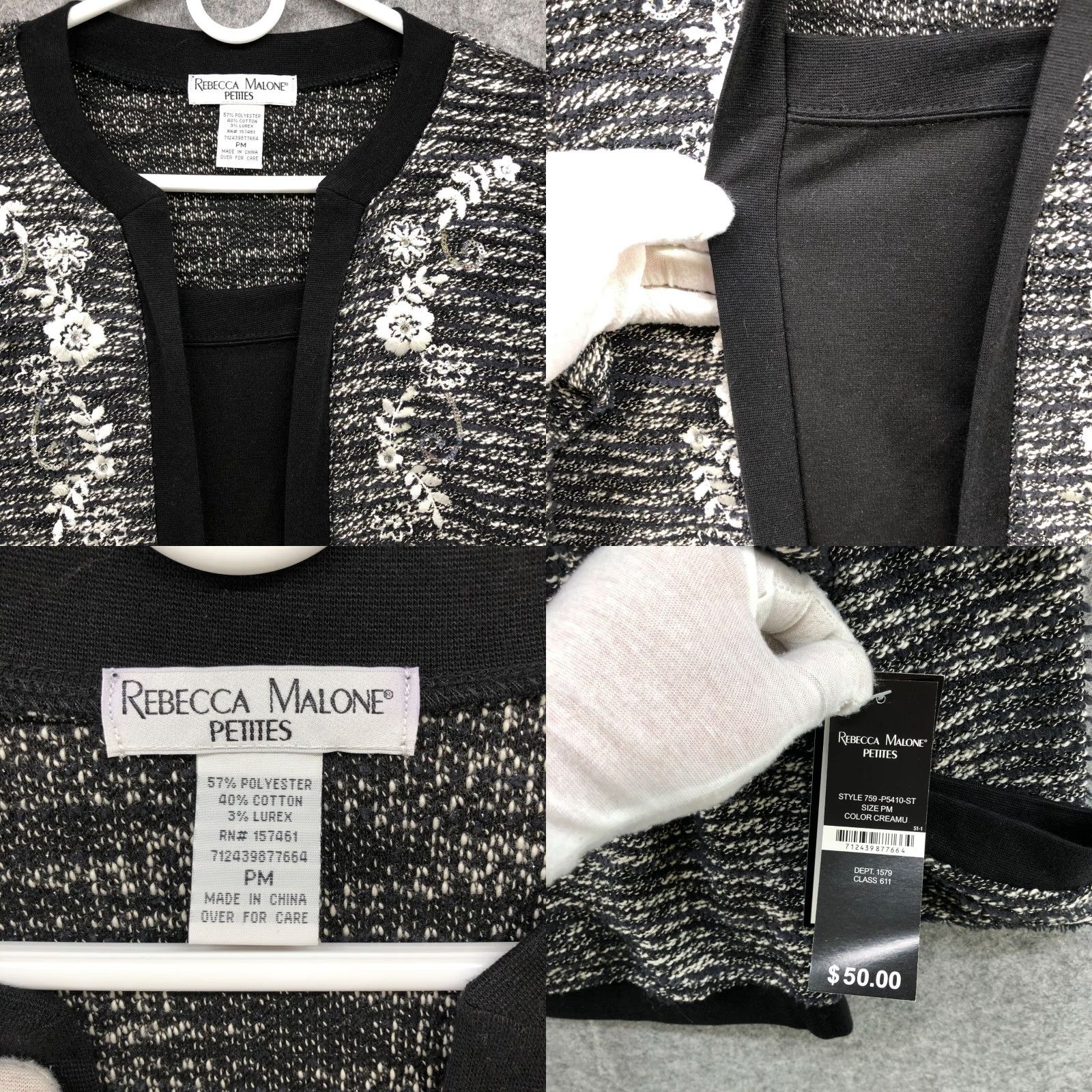 Vintage Rebecca Malone Tweed Jacket Blazer Top Womens MP Black Floral Beaded Embroidered Built In Top Petite PM NWT Modern Classic Jacket Size M / US 6-8 / IT 42-44 - 8 Thumbnail