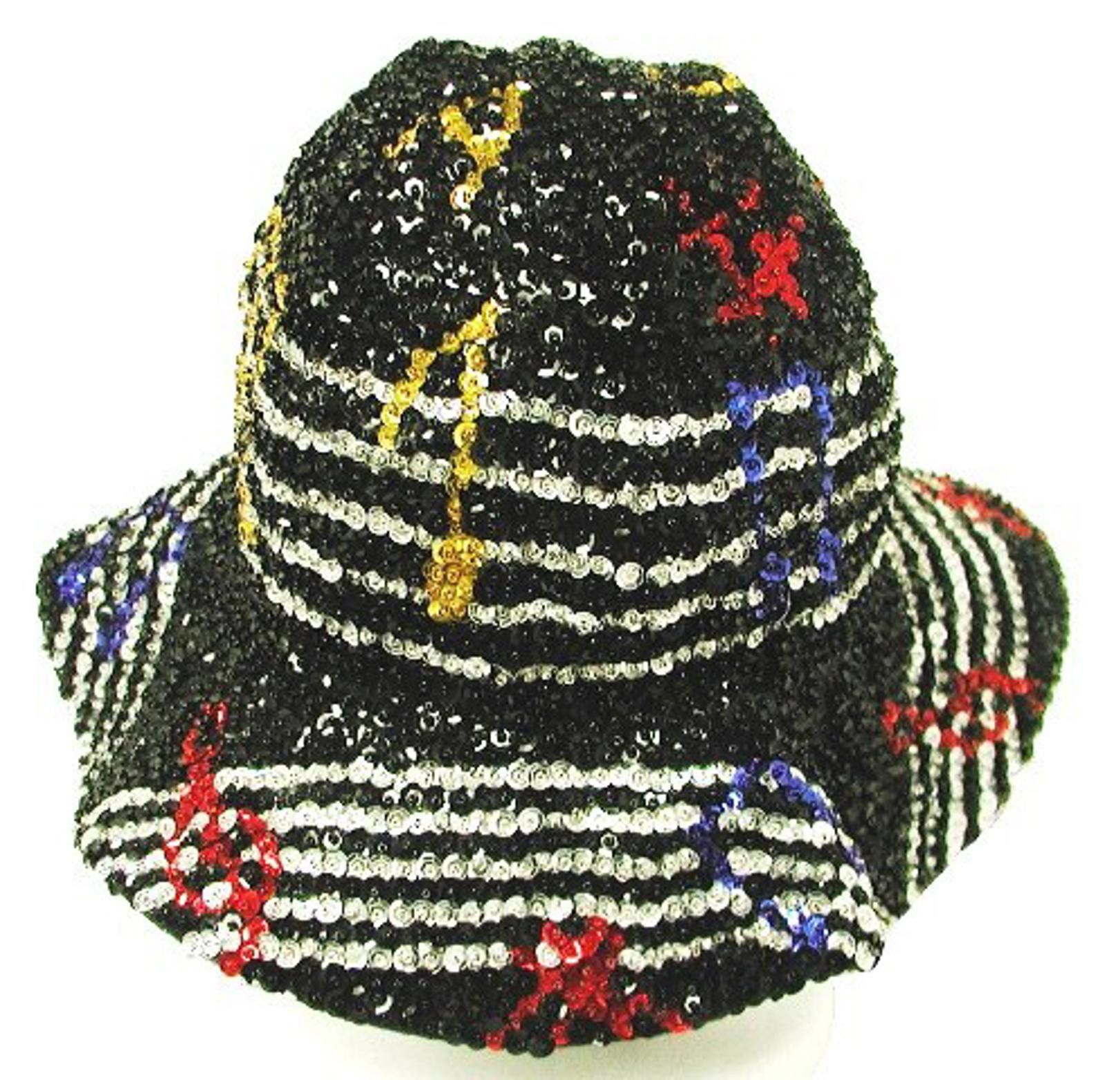Designer Sequin Flipper Hat BLACK w/COLOR MUSIC Notes on Bar Size ONE SIZE - 1 Preview