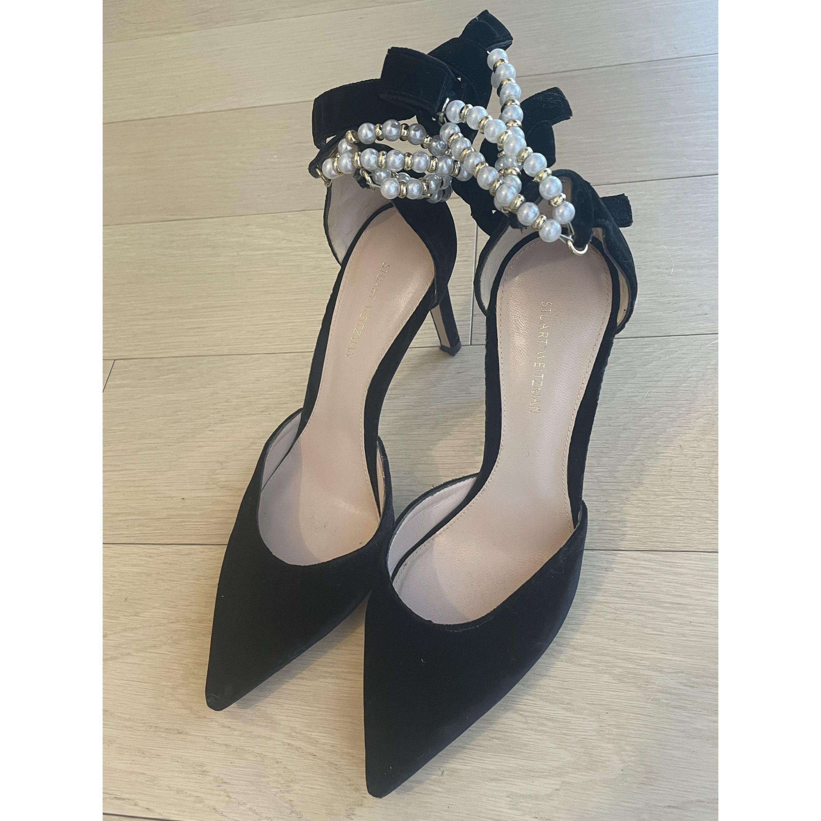 Stuart Weitzman Stuart Weitzman Black Velvet Pearl-Embellished Ankle Tie Poi Size US 7 / IT 37 - 1 Thumbnail