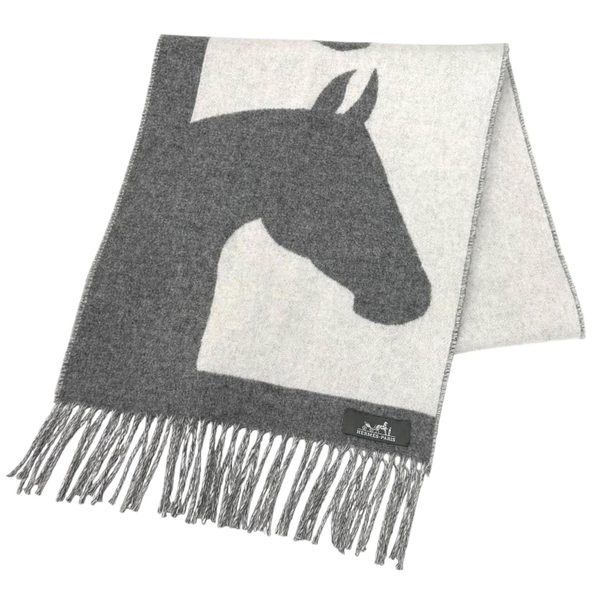 Hermes HERMES Love Story 100% Cashmere Fringe Scarf/Stole, Gray/Off-White, Made in England, Women's Size ONE SIZE - 1 Thumbnail