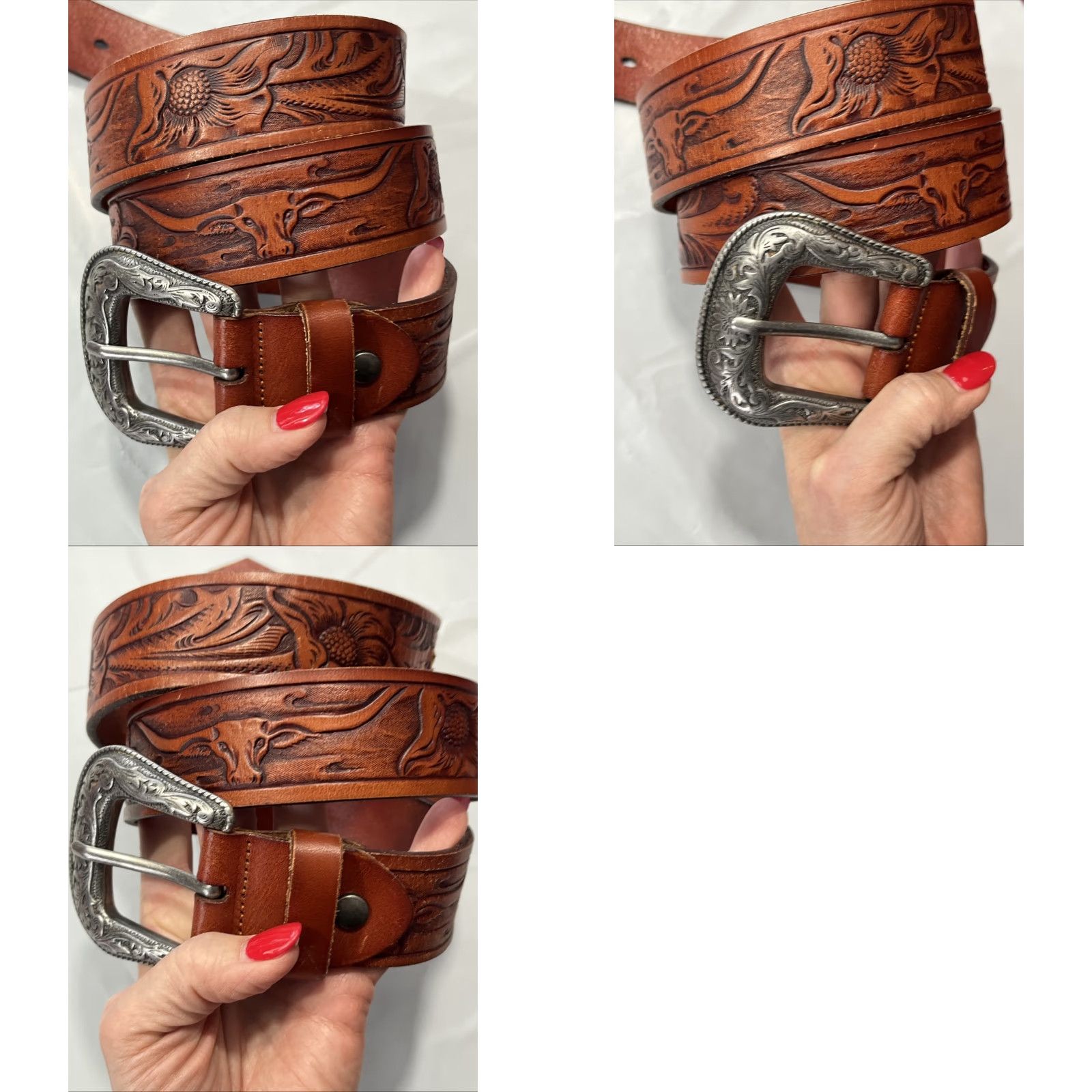 Vintage VINTAGE Western 3D Embossed LEATHER BELT 35-40” Silver Buckle Unisex Adults Brown 1.5” Leather Belt Buckle Western 50/120 Genuine Leather Handmade Size ONE SIZE - 9 Thumbnail