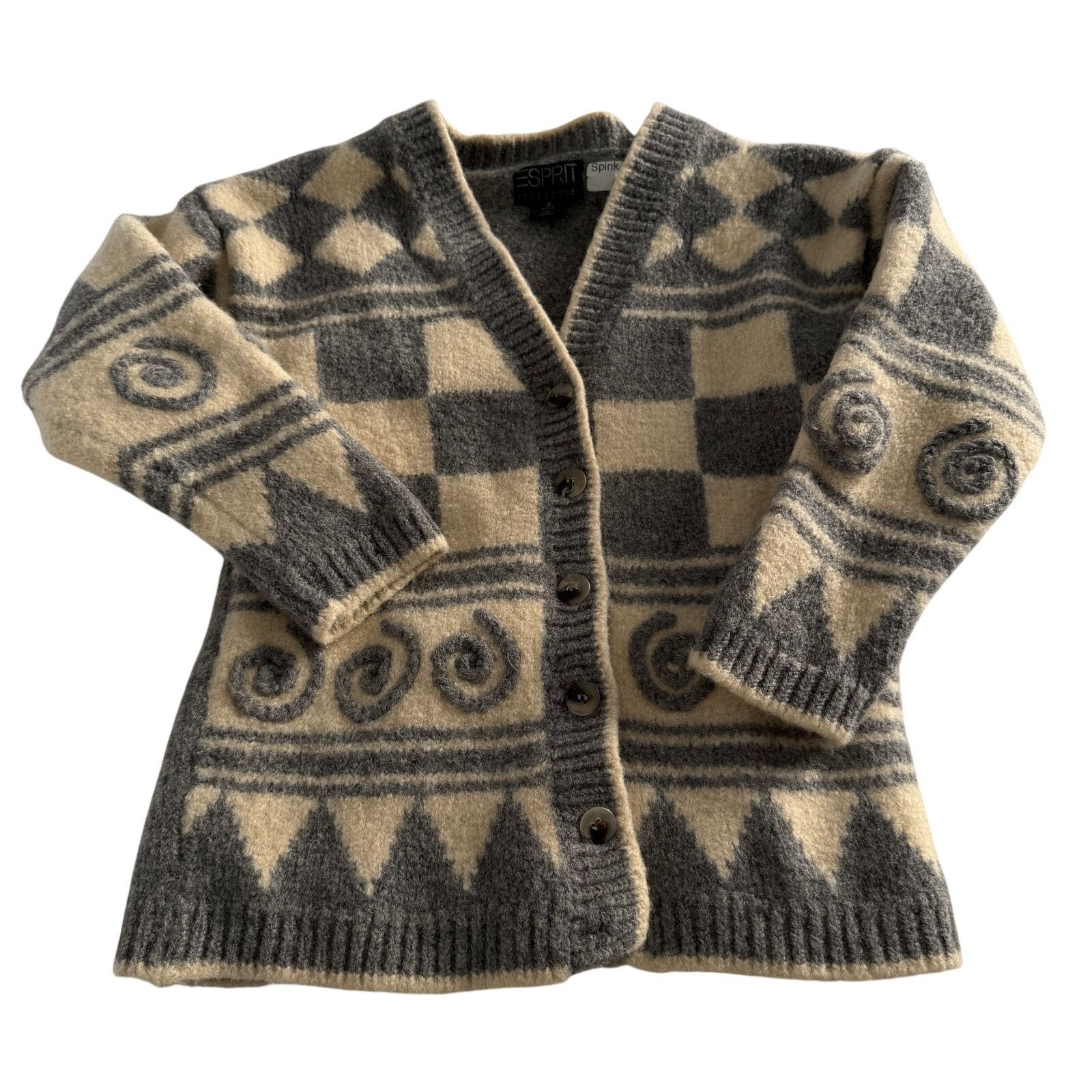 Esprit Vintage Esprit Boiled Merino Wool Geometric Gray Cardigan S Size S / US 4 / IT 40 - 1 Thumbnail