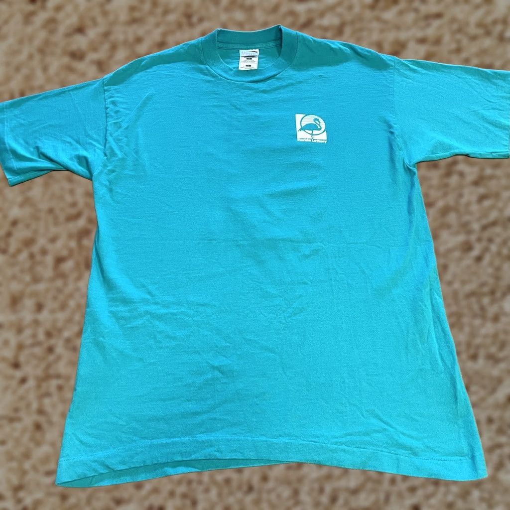 Fruit Of The Loom VINTAGE Florida Lottery Shirt Mens Large Teal Promo 90s Flamingo Graphic Print Crew Neck Short Sleeve Cotton 100% Fruit of the Loom HRG JamaicA Size US L / EU 52-54 / 3 - 1 Thumbnail
