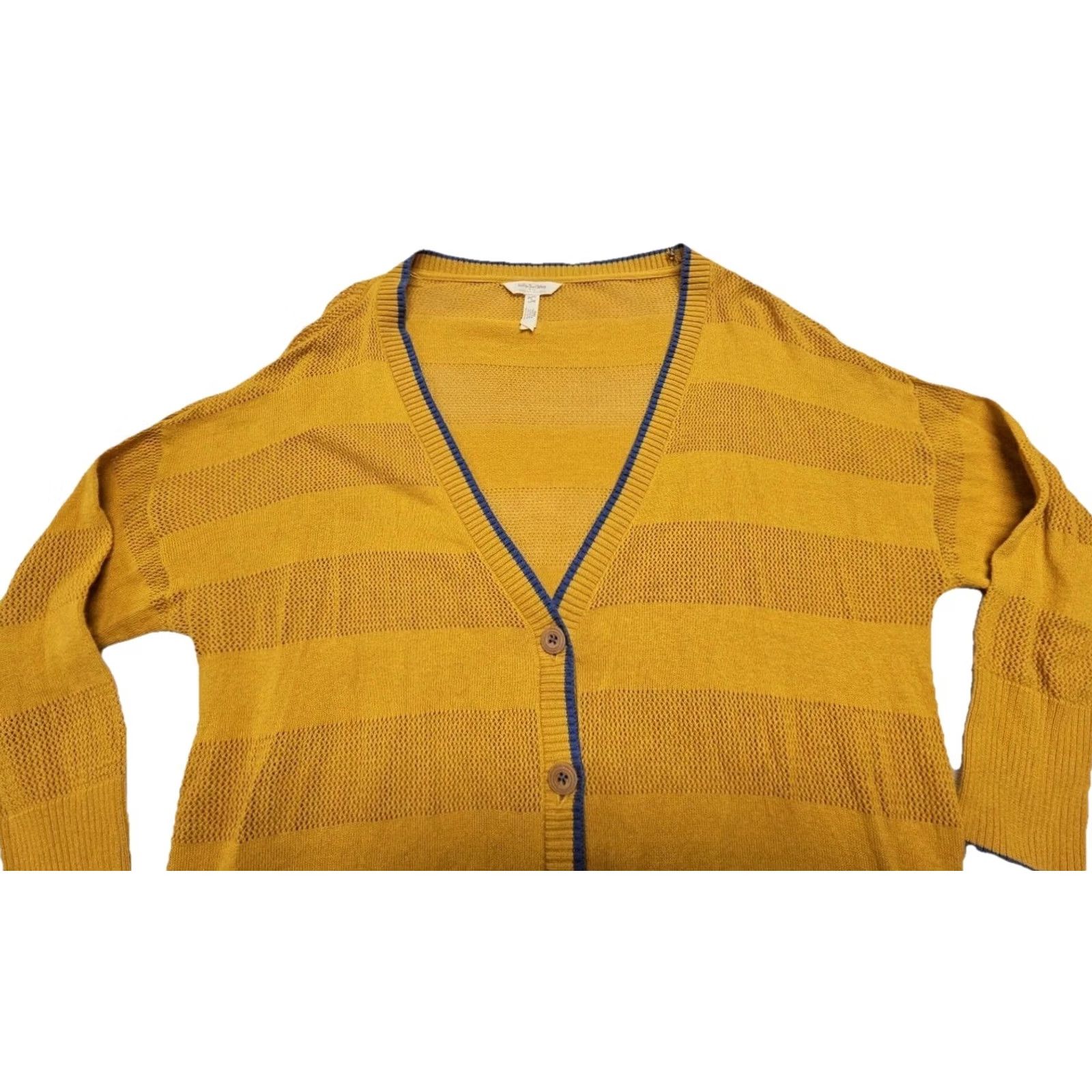Vintage Matilda Jane Joanna Gaines Mustard Cardigan Womens Large Open Knit Cottagecore Cardigan V-Neck Striped Button Cotton Blend Yellow Knit Sweater Size L / US 10 / IT 46 - 3 Thumbnail