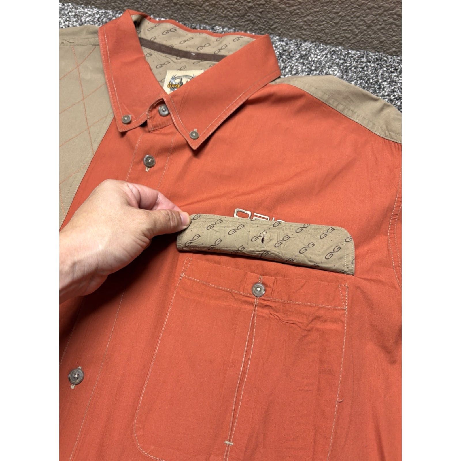 Vintage Game Guard Shirt Mens XL Orange Short Sleeve Button-Up Padded Shoulder Patch Pocket Outdoor Casual Workwear Size US XL / EU 56 / 4 - 5 Thumbnail