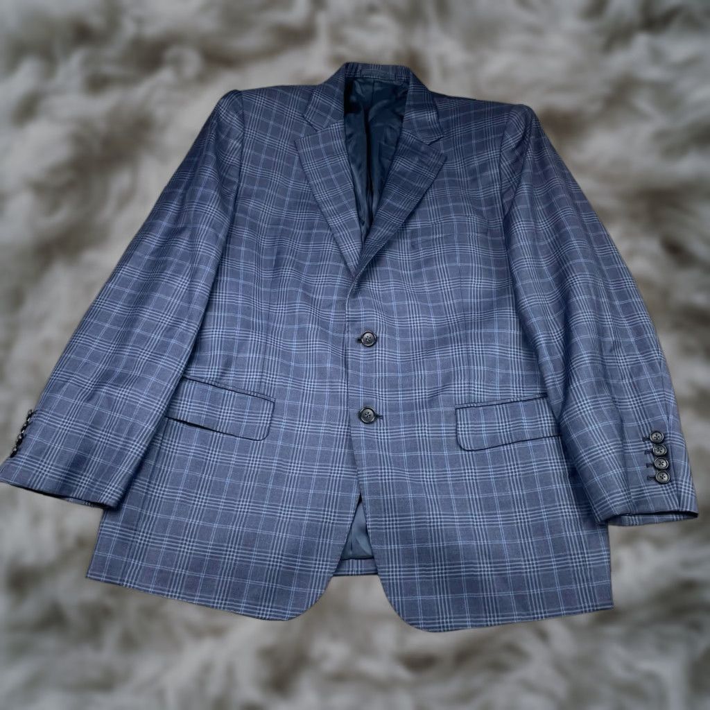 BREDA Bespoke Pete Fashions Blazer Jacket Navy Blue Plaid 42 Regular 100% Wool 2-Button Notch Lapel Mens Blazer Jacket Front Button Style: Two-Button Size 42R - 1 Thumbnail