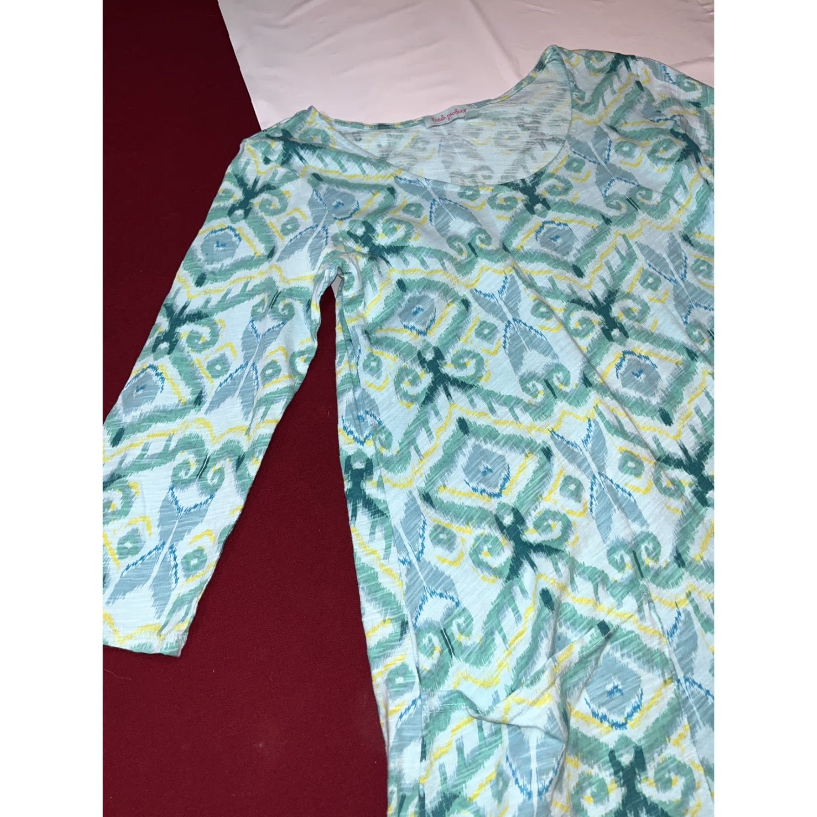 Vintage FRESH PRODUCE Cotton Knit Jersey Dress Aqua Blue Yellow 3/4 Sleeve Pockets A Line XS Pullover Geometric Shirt Dress Women Casual Dress Size XS / US 0-2 / IT 36-38 - 7 Thumbnail
