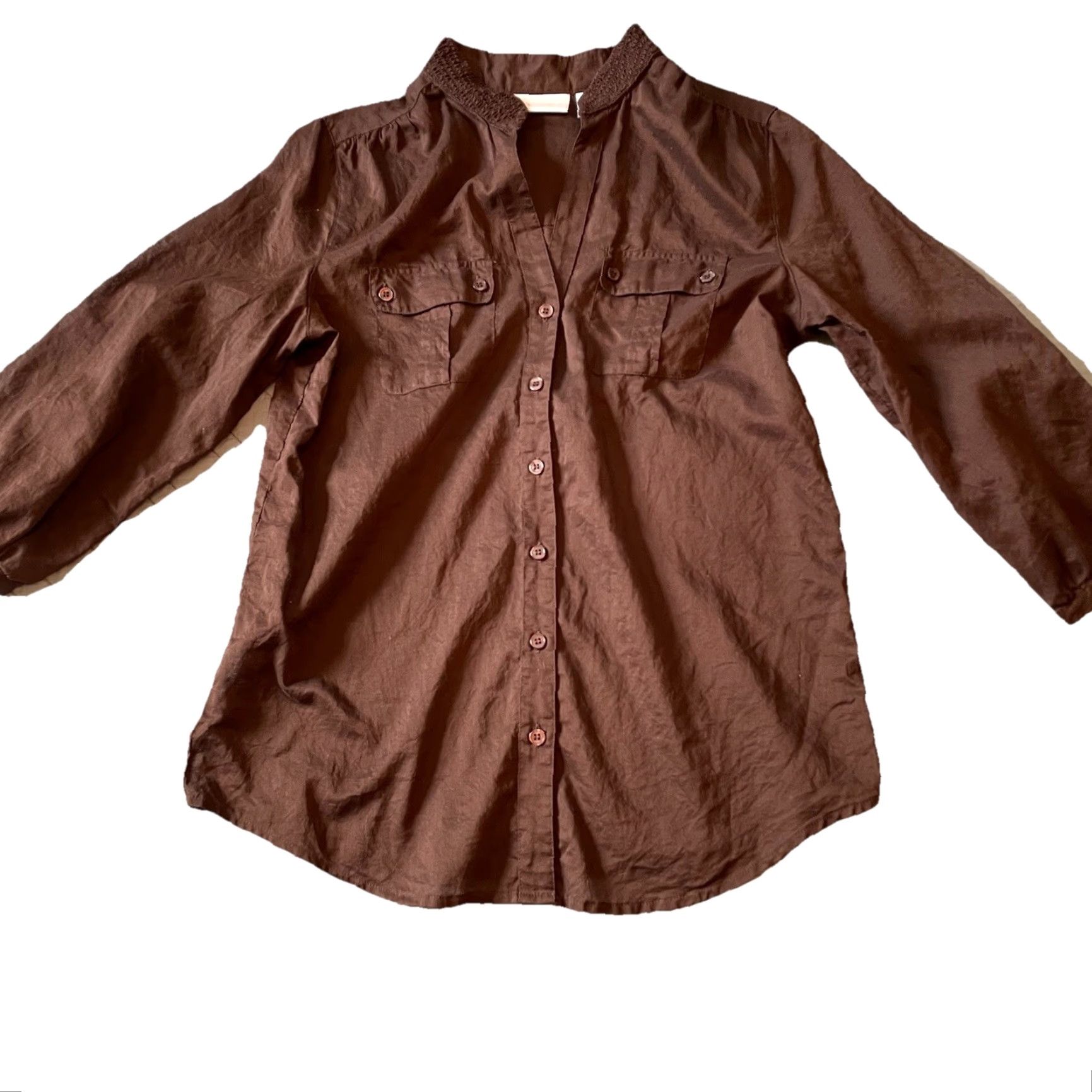 Vintage Chico’s Button-Up Shirt Brown Cotton 3/4 Sleeve Small Chico’s 0 Women Regular Size Small Button-Up Casual Knits Lightweight Pockets Size S / US 4 / IT 40 - 2 Thumbnail