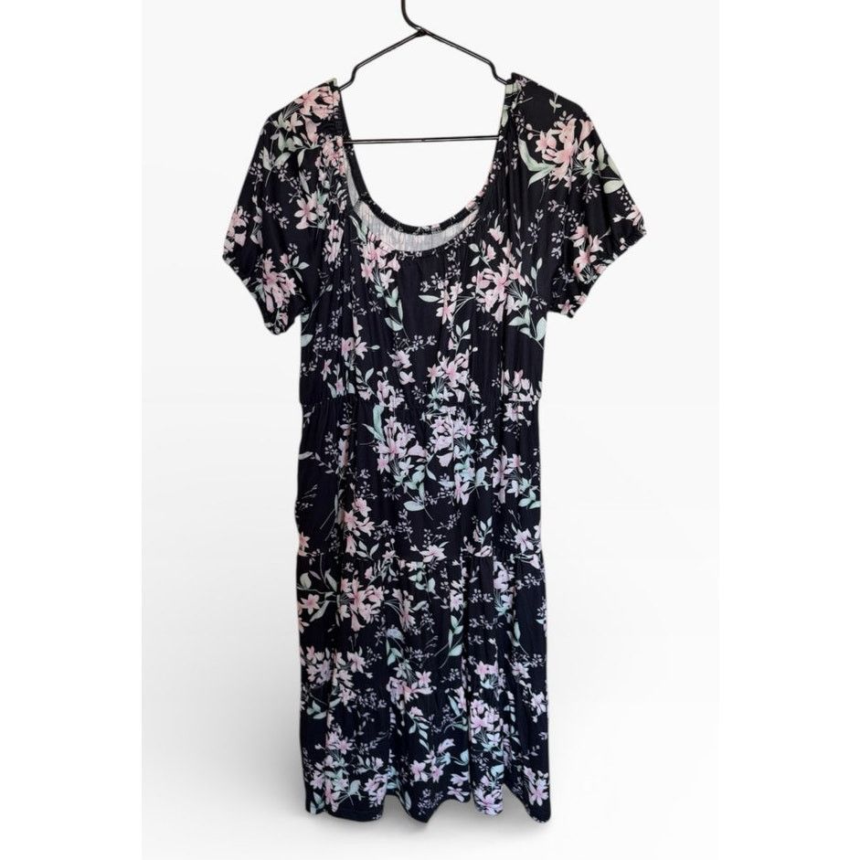 Other Black Pink Floral Short Sleeve Round Neck Shirred Dress Size L / US 10 / IT 46 - 3 Thumbnail