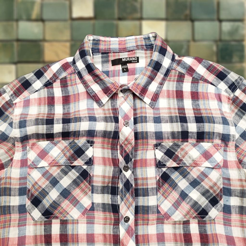 Murano Murano Shirt Mens L Blue Pink Plaid 100% Linen Short Sleeve Button Fitted Size US L / EU 52-54 / 3 - 1 Thumbnail