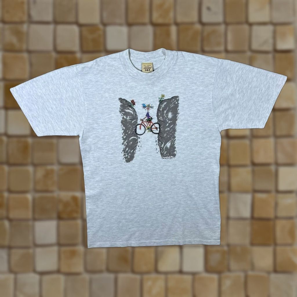 Jerzees Vintage Jerzees Obby Cyclist Bike Novelty Cartoon Graphic Grey T-Shirt Medium Mens Short Sleeve 100% Cotton UK Made Size US M / EU 48-50 / 2 - 1 Thumbnail
