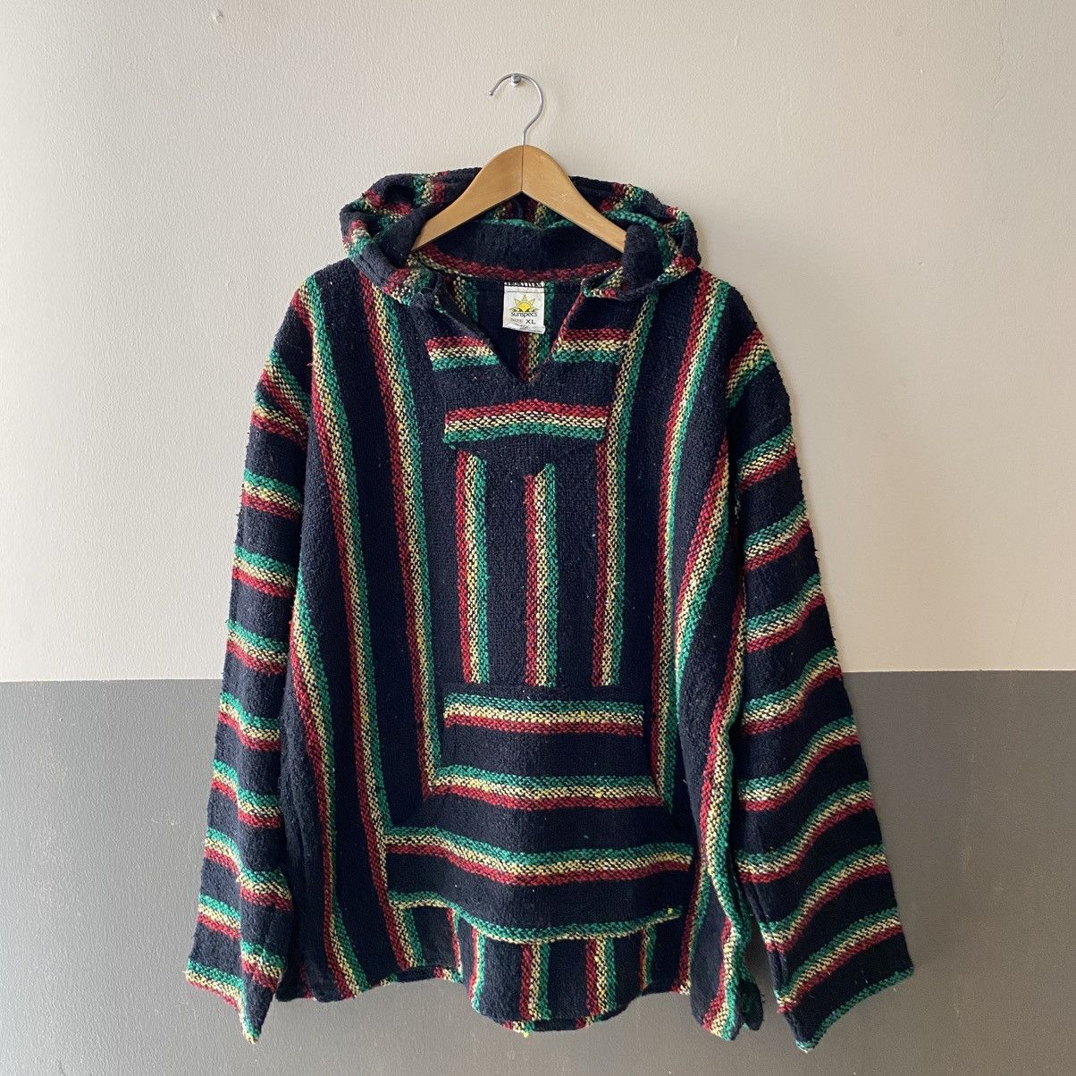 Vintage Black Baja Hoodie with Red, Green & Yellow Stripes Size US XL / EU 56 / 4 - 18 Thumbnail