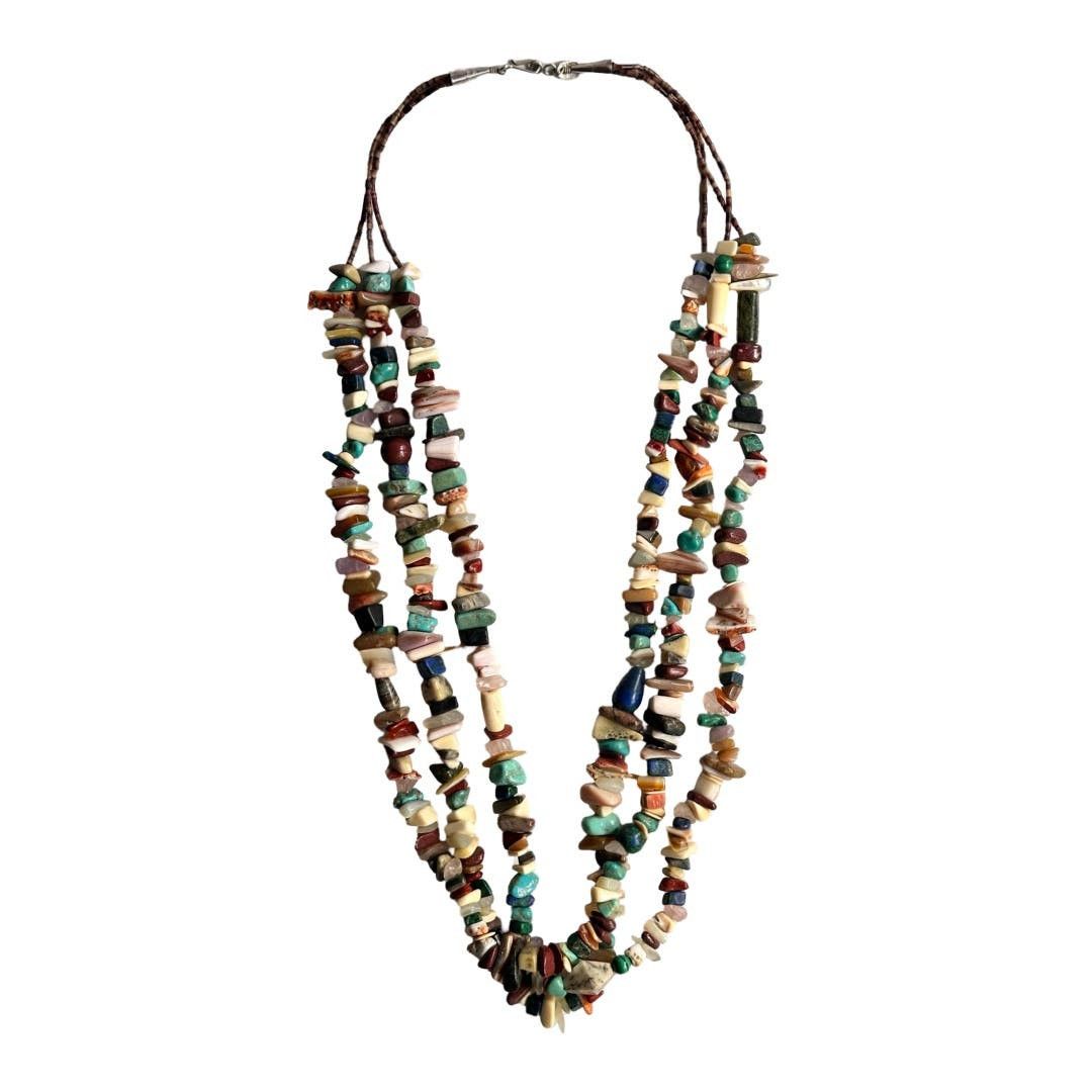 image of Vintage Native American Multi Stone 3 Strand Necklace, Women's