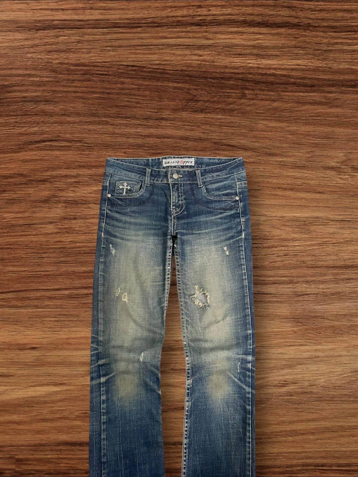Ed Hardy ⚡️Insane⚡️Grashopper Skull Trinity Embroidered Rip Flare Jeans Size US 29 - 3 Thumbnail