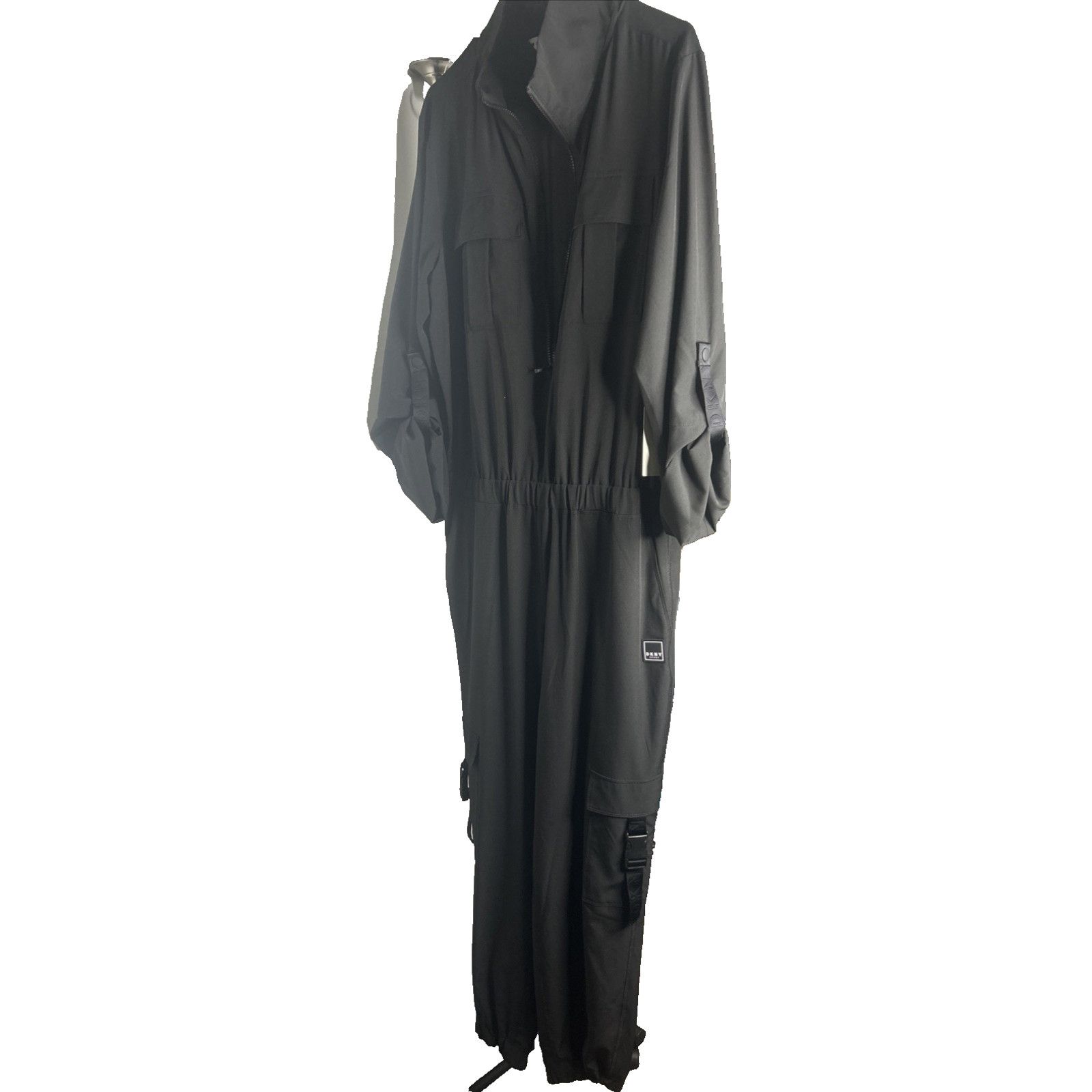 DKNY DKNY Black Utility Cargo Jumpsuit Womans L Tab Sleeve Travel Size 29" - 15 Thumbnail