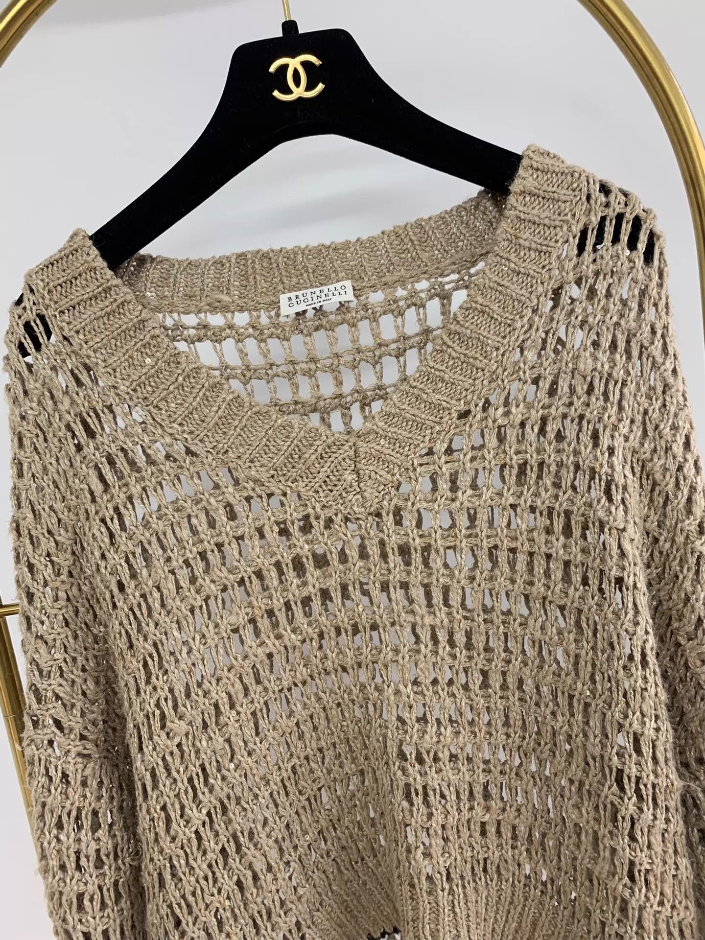 Brunello Cucinelli Brunello Cucinelli Khaki V-Neck Sequin Cutout Knit Sweater Size XS / US 0-2 / IT 36-38 - 2 Thumbnail