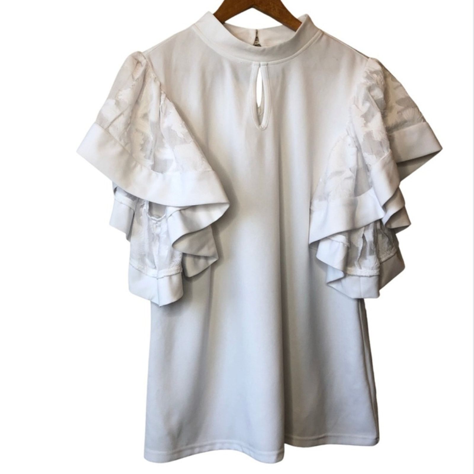 Other Ashley Stewart Ruffle Flutter Lace Sleeve White Blouse Size XXL / US 16-18 / IT 52-54 - 1 Thumbnail