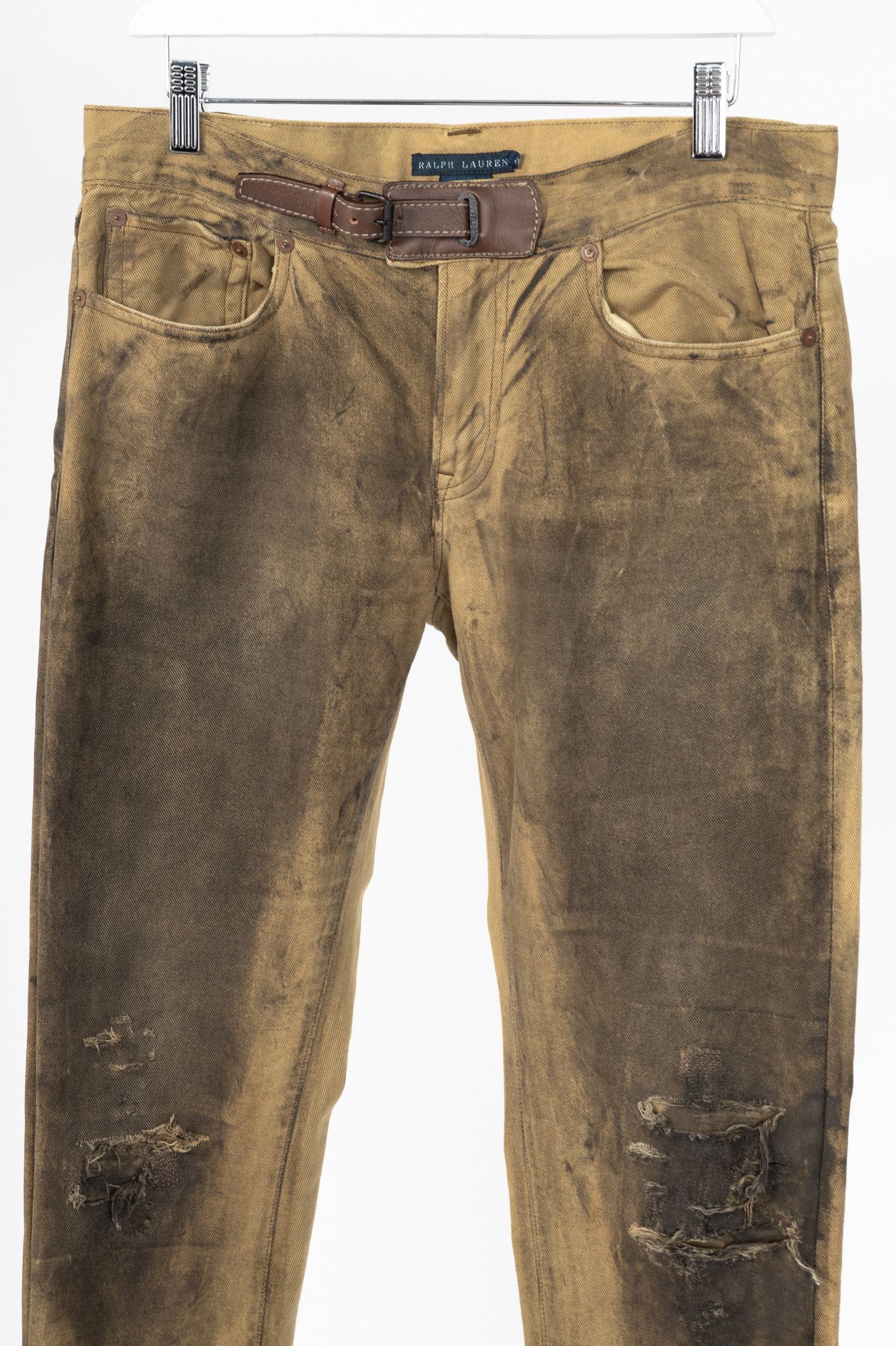 Ralph Lauren Ralph Lauren Tan Distressed Cotton Leather-Trim Jeans Size 29" - 3 Thumbnail