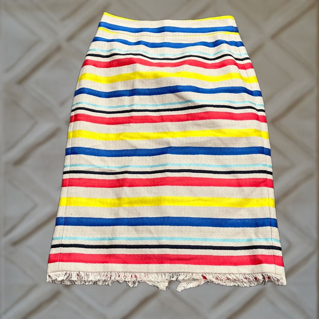 J.Crew Jacquard Fringed Hem Pencil Skirt Womens 00 Multi Striped Lined Colorful