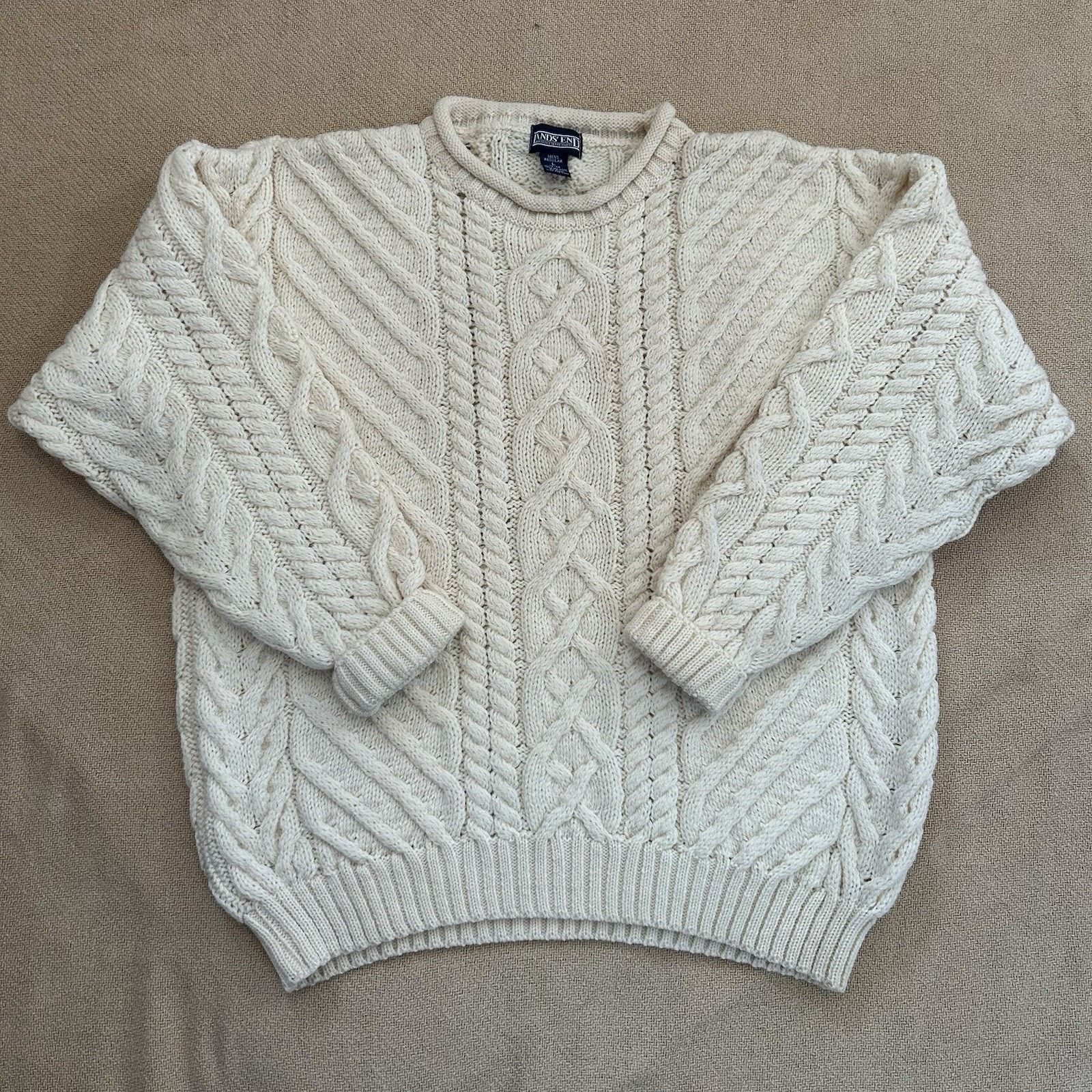 Lands' End × Vintage 90s Lands End England Pure Wool Cableknit Fisherman Sweater Size US L / EU 52-54 / 3 - 1 Thumbnail