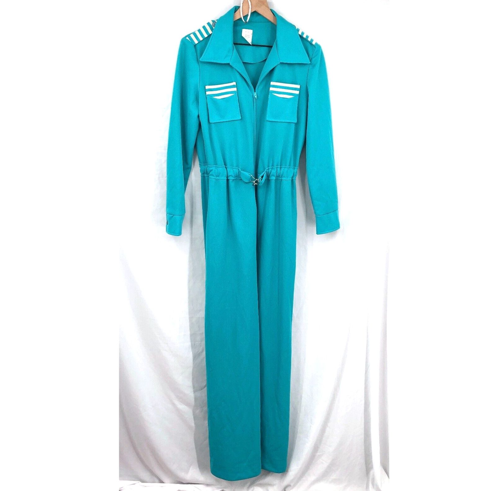 image of Vintage 70's Boilersuit Zip-Up Long Sleeved Pants Jumpsuit Belted Aqua Blue 16 in White, Women's (S