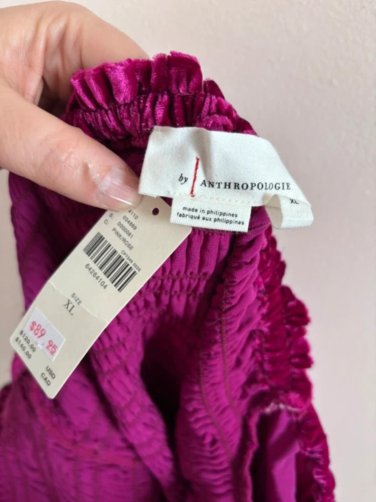 Other Anthropologie Fuschia Crushed Velvet Smocked Top size XL Size L / US 10 / IT 46 - 3 Thumbnail