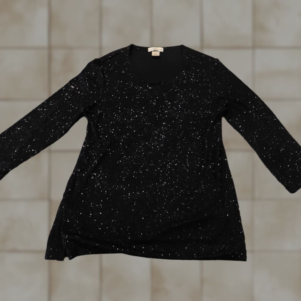 Vintage Notations Womens Blouse S Black Pullover Casual Stretch Button Collared Polyester Spandex Size S / US 4 / IT 40 - 1 Thumbnail