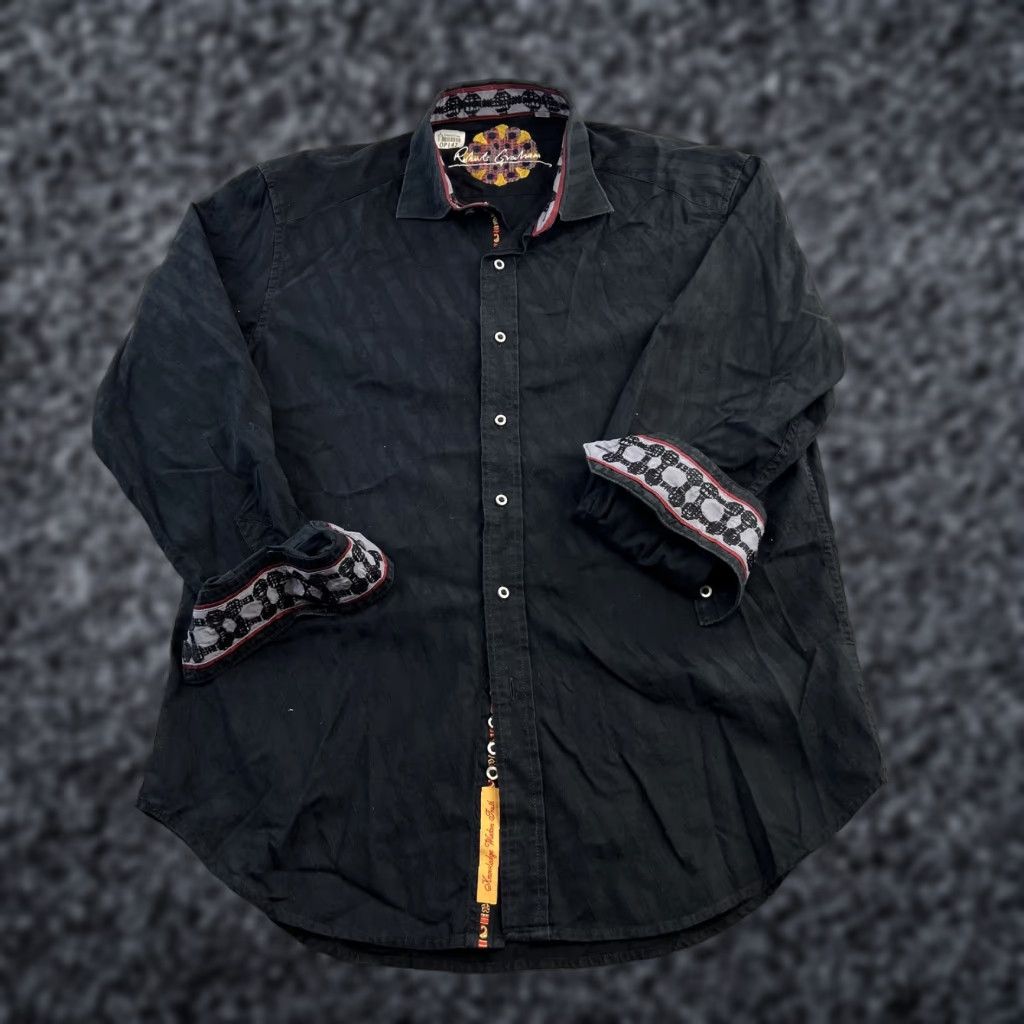 Robert Graham Robert Graham Dress Shirt Mens M Black Patterned Trim Preppy Button Up Skull Embroidered Contrast Trim Size 40R - 1 Thumbnail