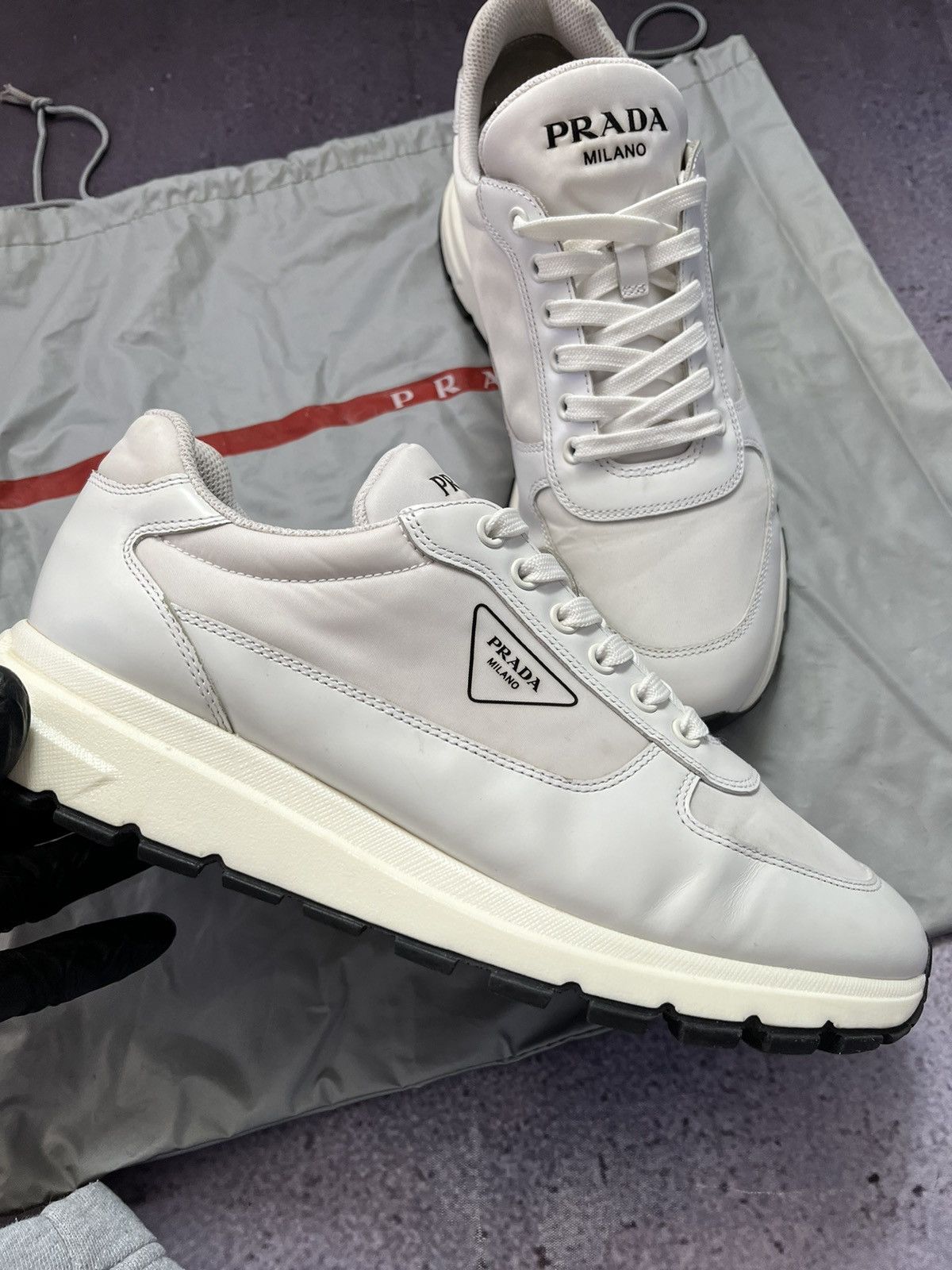 Prada White Leather Prax 01 Low Top Shoes, Men's (Size 8.5)
