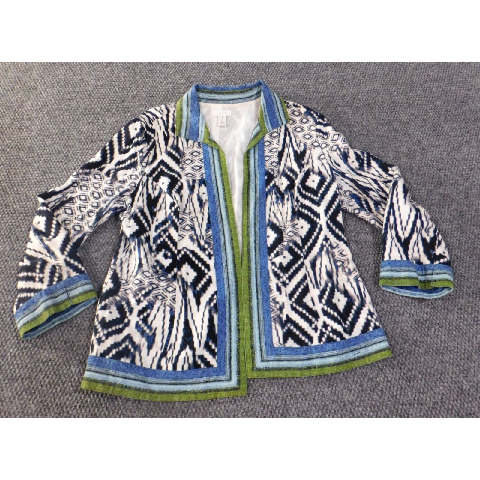 Vintage Chicos Blouse Shirt Womens Blue Geometric Linen Rayon Open Shawl Collar Casual Designer Top Size 1 Regular Vintage No Buttons Size XS / US 0-2 / IT 36-38 - 4 Thumbnail