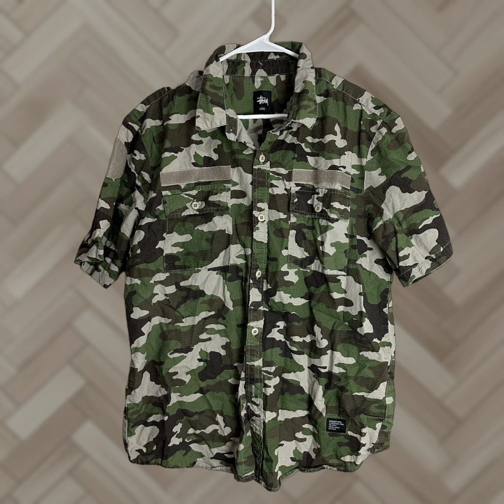 VINTAGE Stussy MFG Camo Button-Up Shirt XL Unisex Adults Short Sleeve Multicolor Colorful Japan Mens Womens