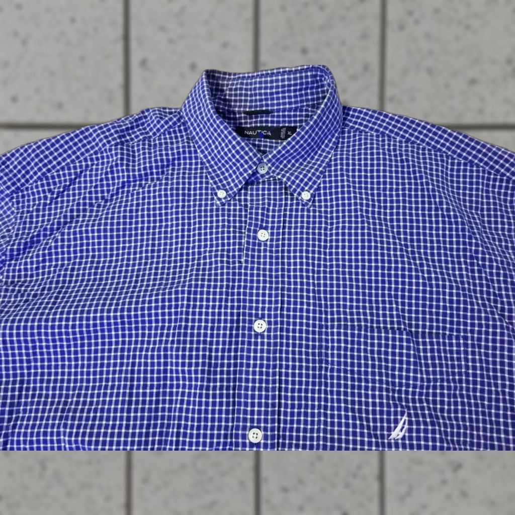 Nautica Nautica Shirt Mens Button-Up XL Navy Blue Cotton Plaid Long Sleeve Button-Down Collar Vintage? No Size 46R - 1 Thumbnail