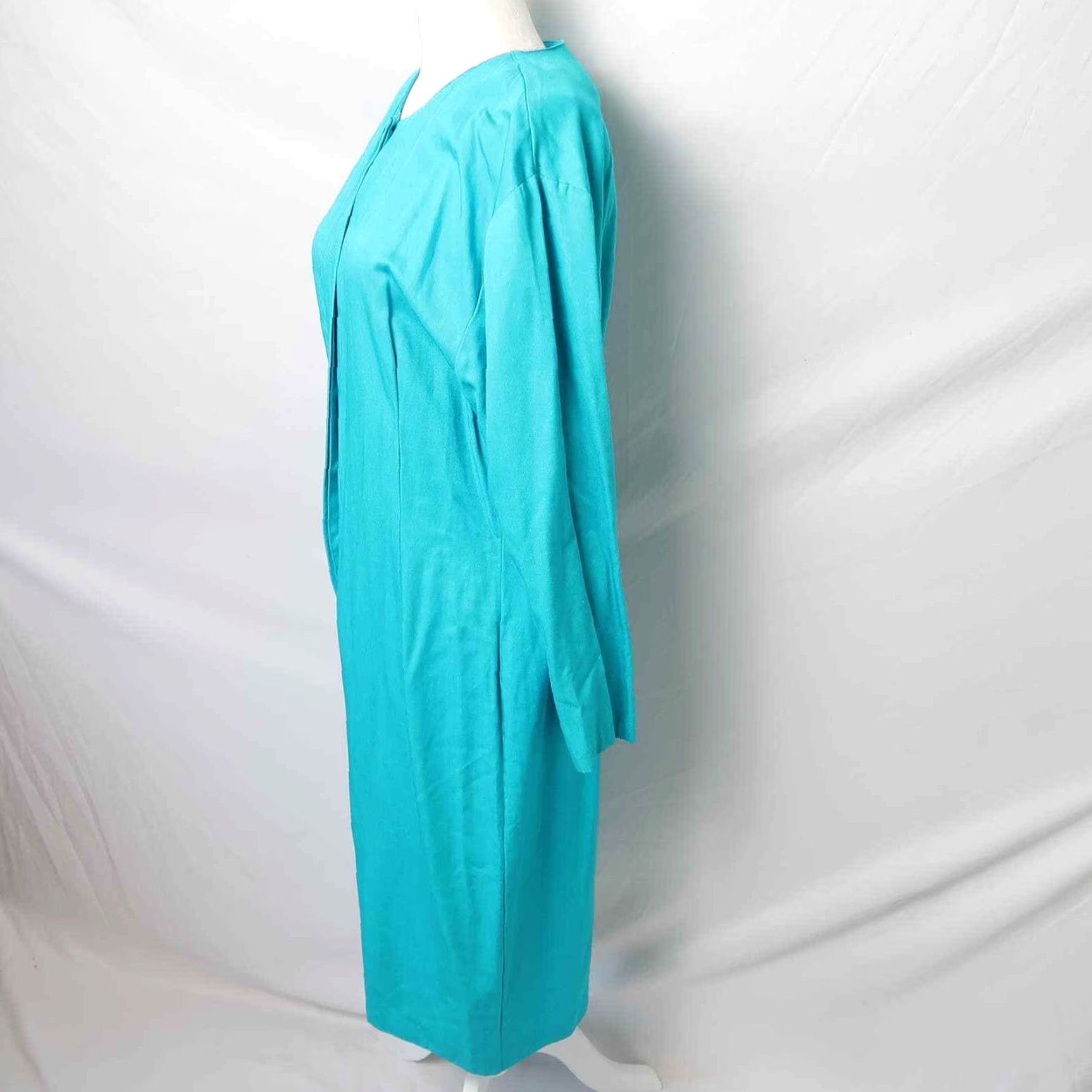 Vintage VINTAGE Carol Anderson Turquoise Blue Sheath Dress 10 Womens 1980s Knee Length Long Sleeves Button Front Rayon Size L / US 10 / IT 46 - 3 Thumbnail